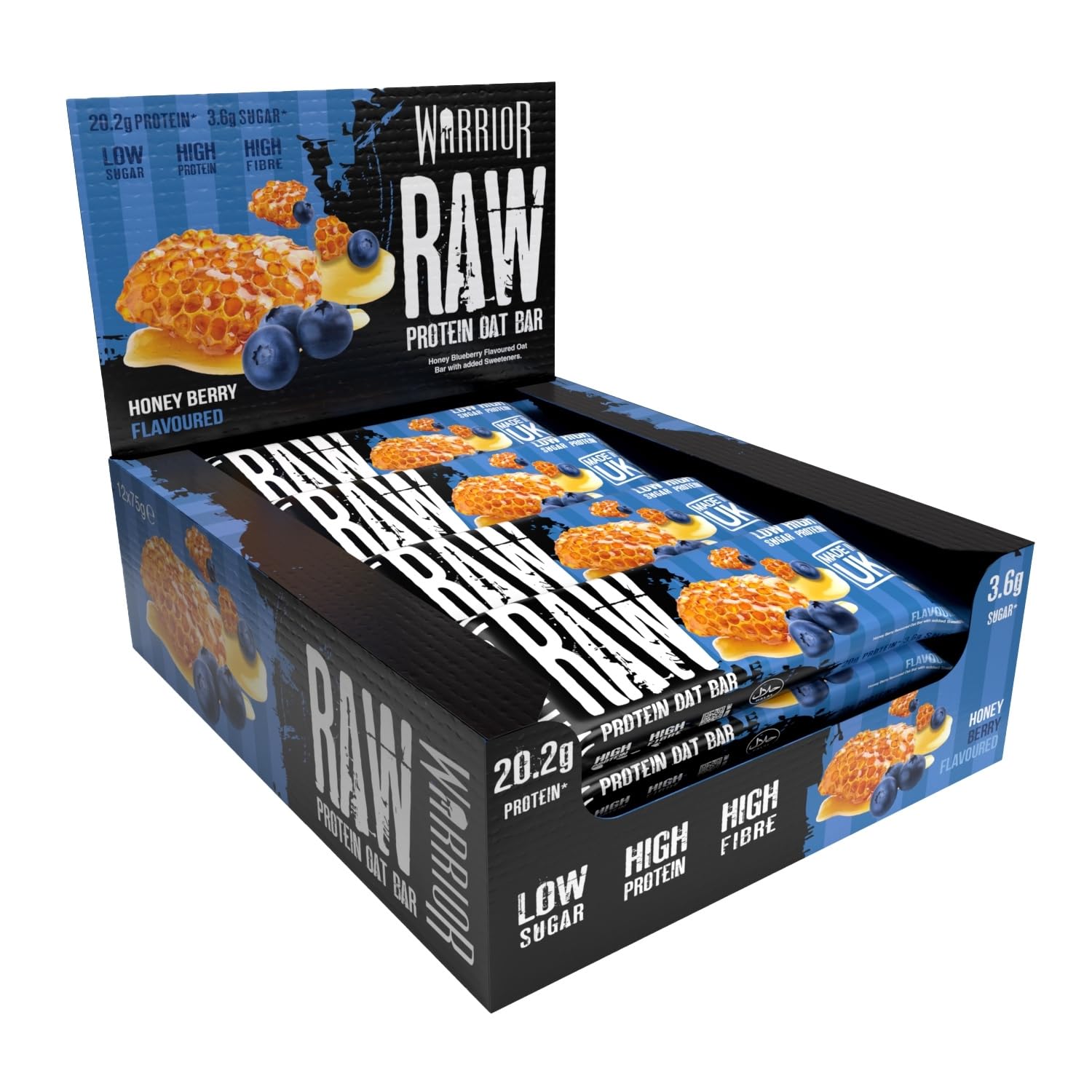 Warrior Raw Proteinriegel 12 x 75 g – Ballaststoffreicher Haferriegel mit Protein, High Protein Snack ohne Zucker, Natürlicher Haferflocken Riegel mit Präbiotika – Schoko-Brownie