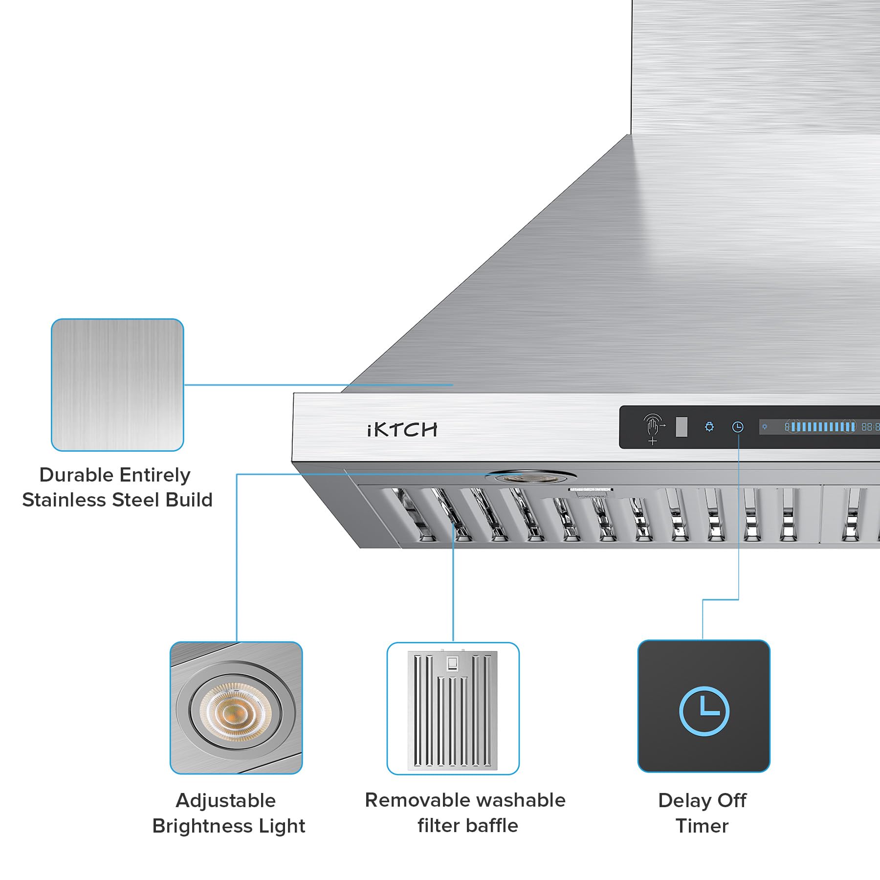 IKTCH 30-inch Wall Mount Range Hood 900 CFM Ducted/Ductless Convertible, Kitchen Chimney Vent Stainless Steel with Gesture Sensing & Touch Control Switch Panel, 2 Pcs Adjustable Lights(IKP02-30'')