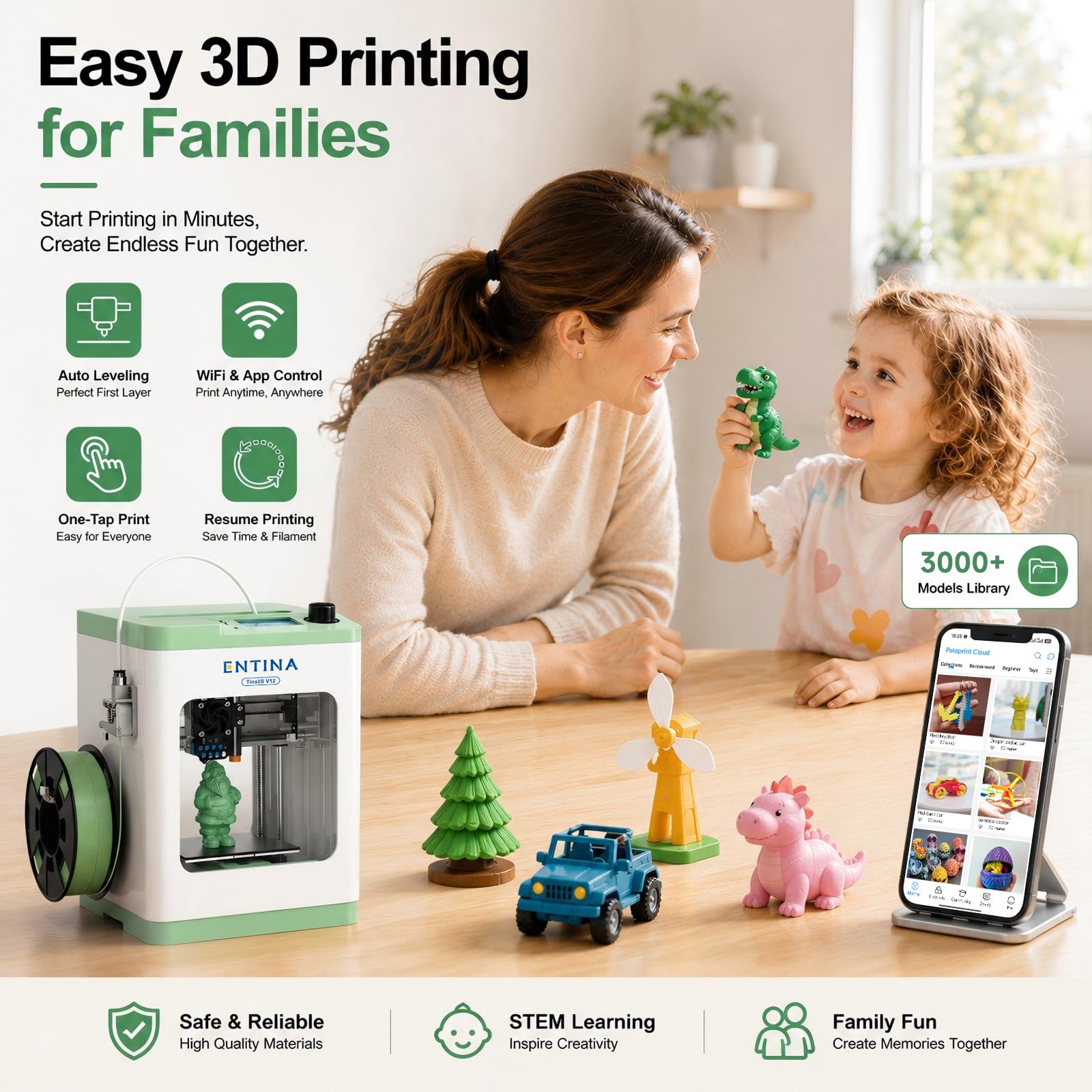 Entina Tina2C 3D Printer for Kids & Beginners, Fully Assembled Starter Mini 3D Printer, Start in 8 Mins, App & WiFi Control, Auto Leveling, 3000+ Model Library, 20+ Creative DIY Modules for STEM, Home