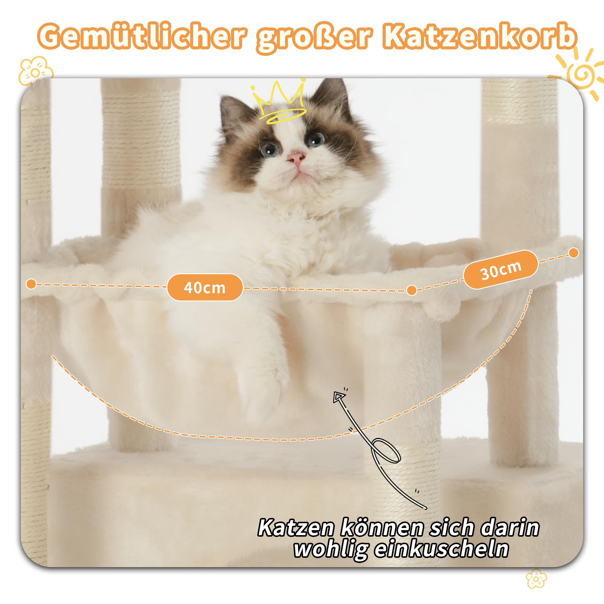 Heybly Kratzbaum, Katzenbaum mit Extra Großem, Weichem Katzenkorb, Katzenkratzbaum mit Geräumigem Katzenbett und Verstecktem Schlafplatz, Robusten Sisal-Kratzsäulen, Hellgrau HCT008SW