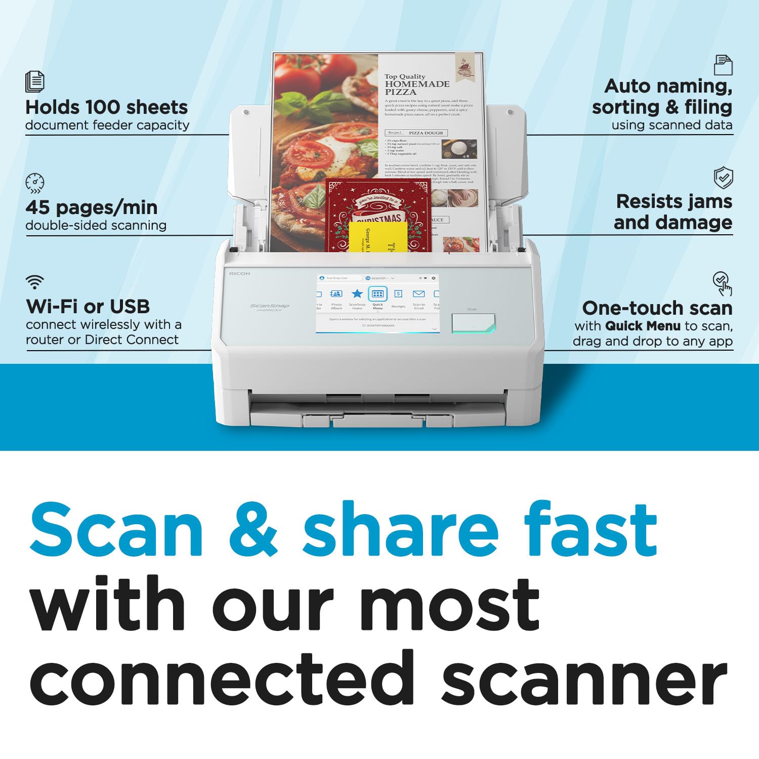 ScanSnap iX2500 Wireless or USB High-Speed Cloud Enabled Document, Photo & Receipt Scanner with Large 5" Touchscreen and 100 Page Auto Document Feeder for Mac or PC, Black