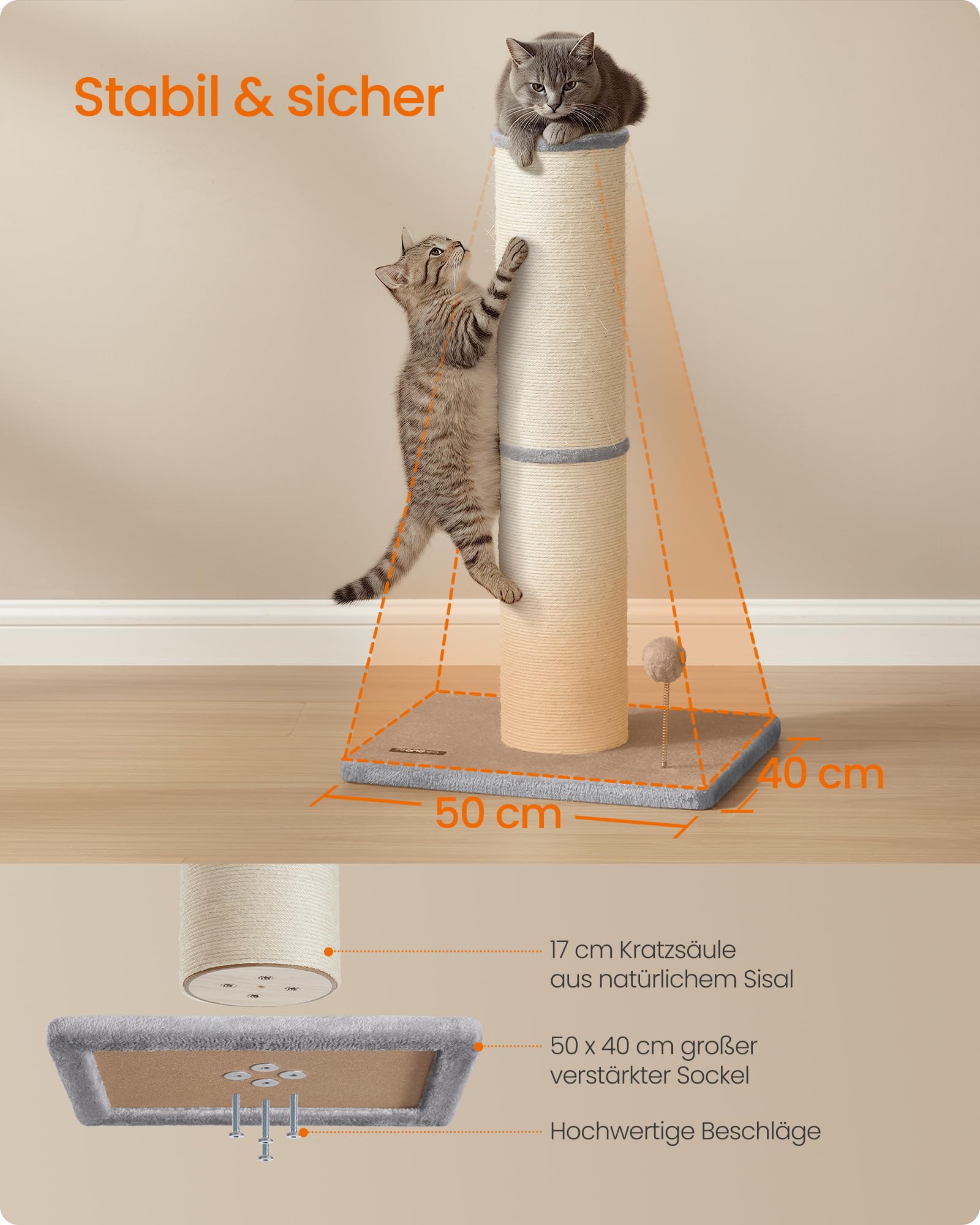 Feandrea Kratzbaum, 85 cm hoch, Kratzsäule XL, 13 cm Dicker Stamm, Katzenbaum, Kratzstamm für mittelgroße und große Katzen, Sisalstamm, mit Plüschball und Glocke, Taubengrau PCA041G01