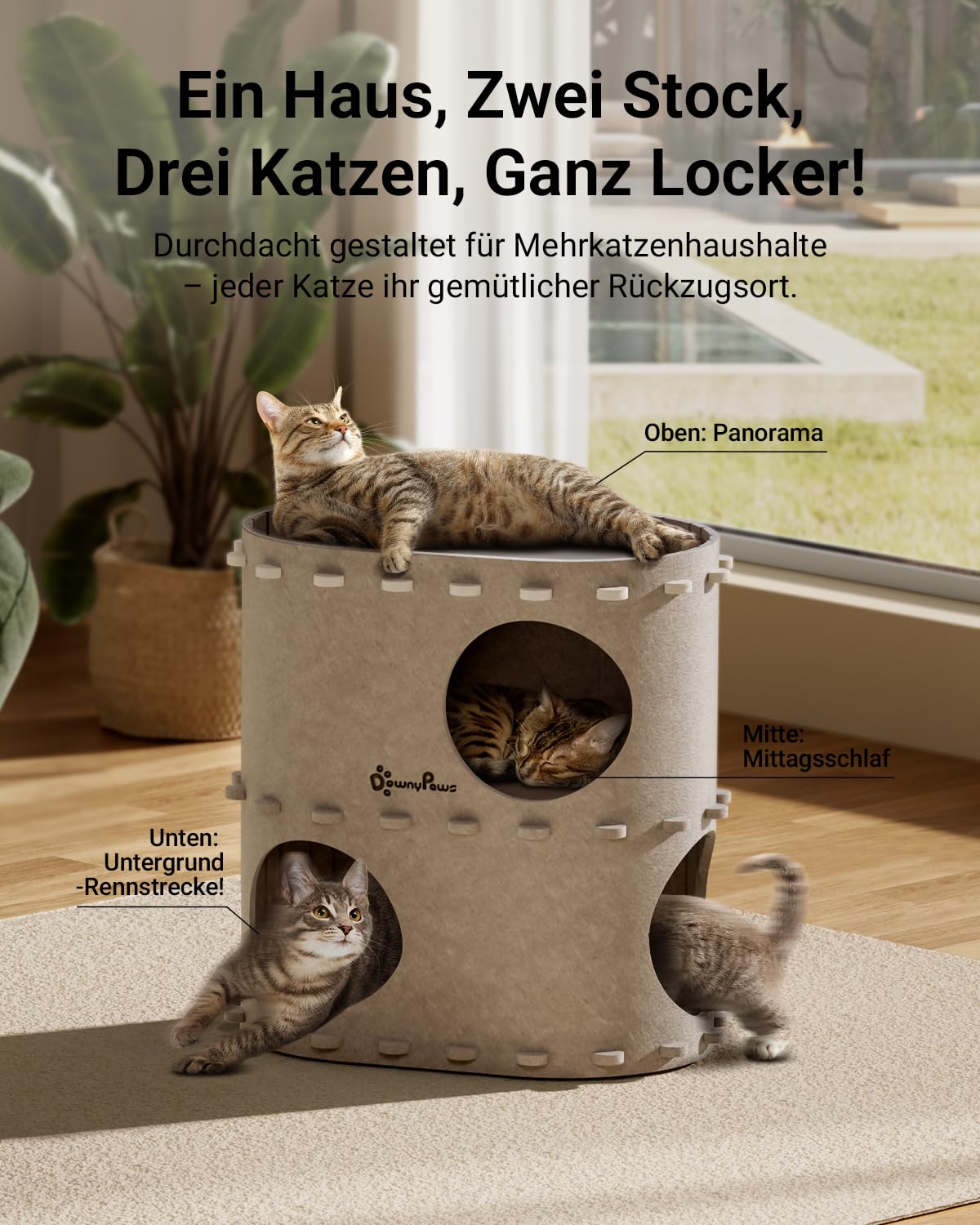 Katzenhöhle Filz, Katzenhaus aus Filz, Katzenbett, Katzenhöhle für Katzen, 58 x 33 x 30cm, Peek-a-Boo zum Spielen, Winterfest, Schutz der Katzennägel, Beige