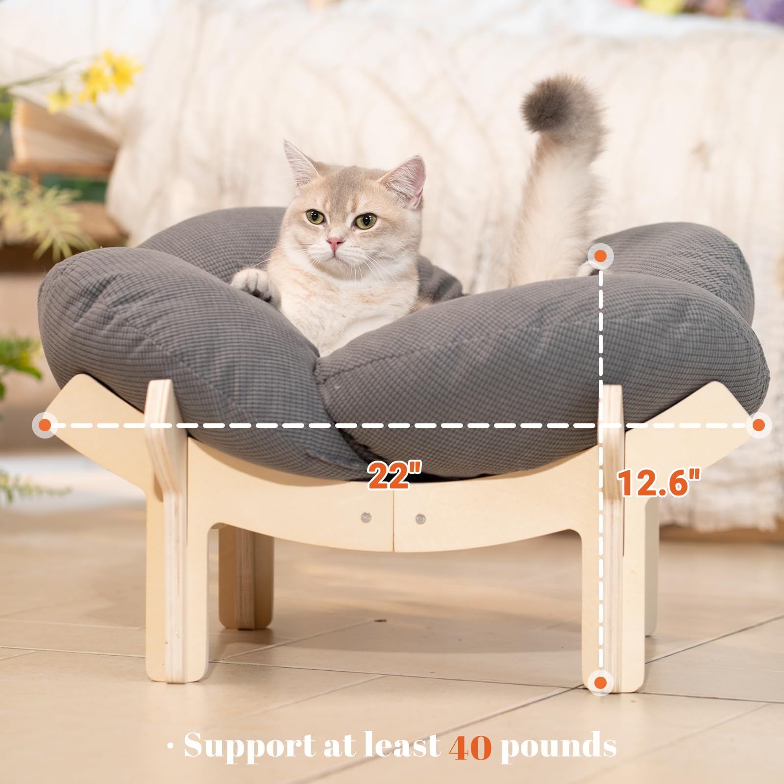 CheerPals Erhöhtes Katzenbett Blumenform, 55cm L&W Großes Katzensofa, Stilvoll Katzenstuhl mit Hochelastischer Weich Kissen, Katzenmöbel zum Schlafen für Alle Katze