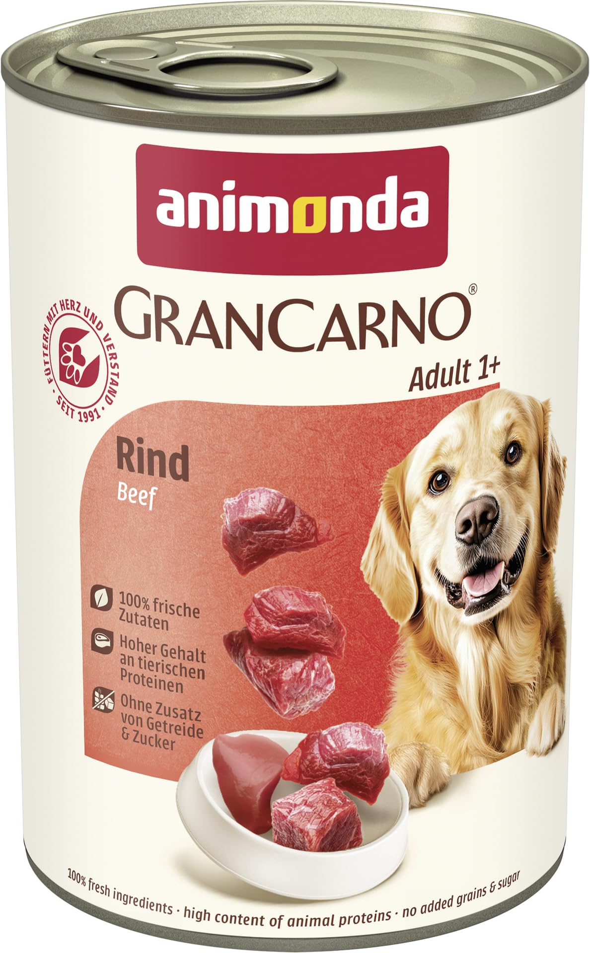 animonda GranCarno Hunde Nassfutter mit Rind + Entenherzen (6 x 800 g), getreidefreies Hundenassfutter ohne Zucker, für ausgewachsene Hunde, mit frischen fleischigen Zutaten