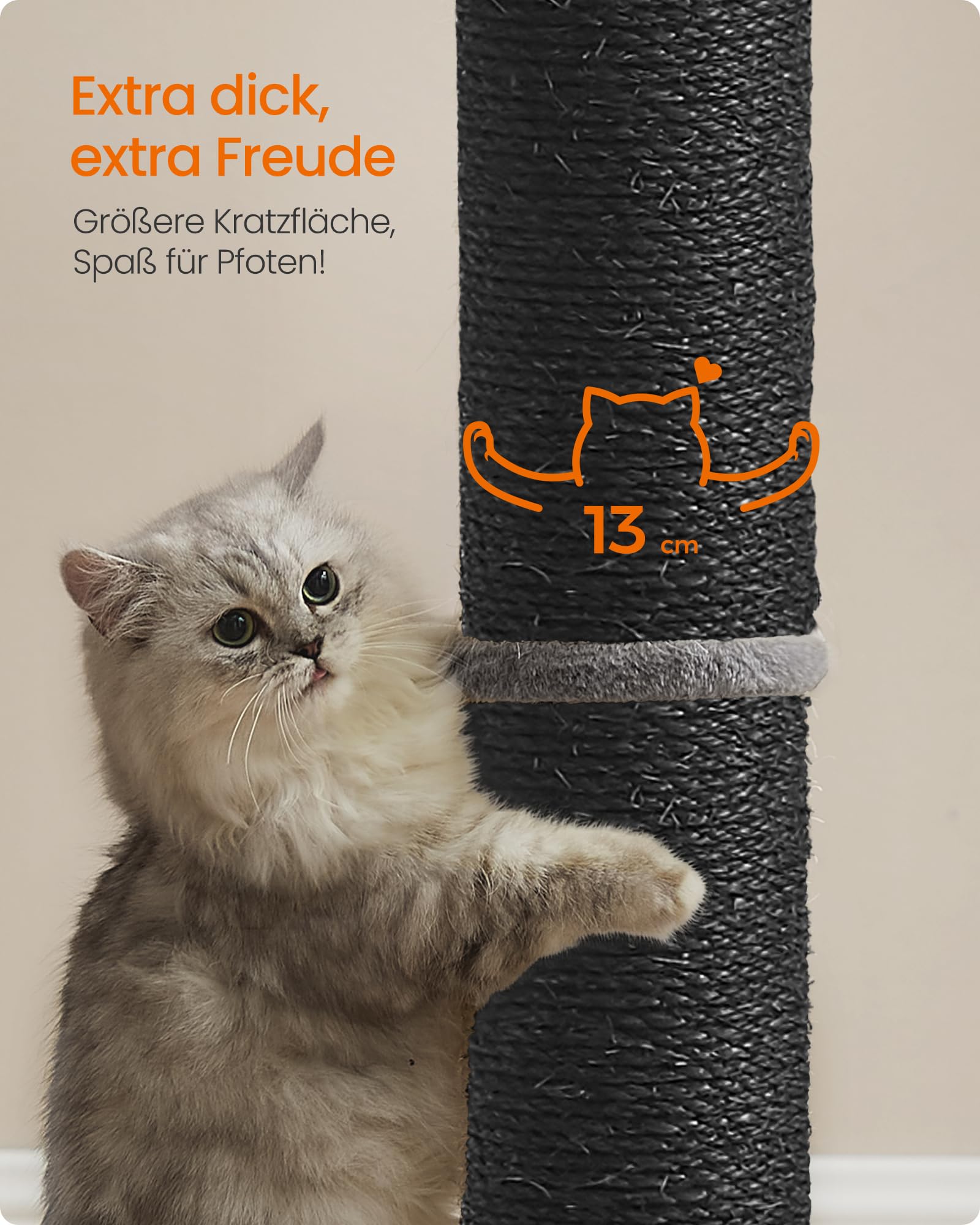 Feandrea Kratzbaum, 85 cm hoch, Kratzsäule XL, 13 cm Dicker Stamm, Katzenbaum, Kratzstamm für mittelgroße und große Katzen, Sisalstamm, mit Plüschball und Glocke, Taubengrau PCA041G01
