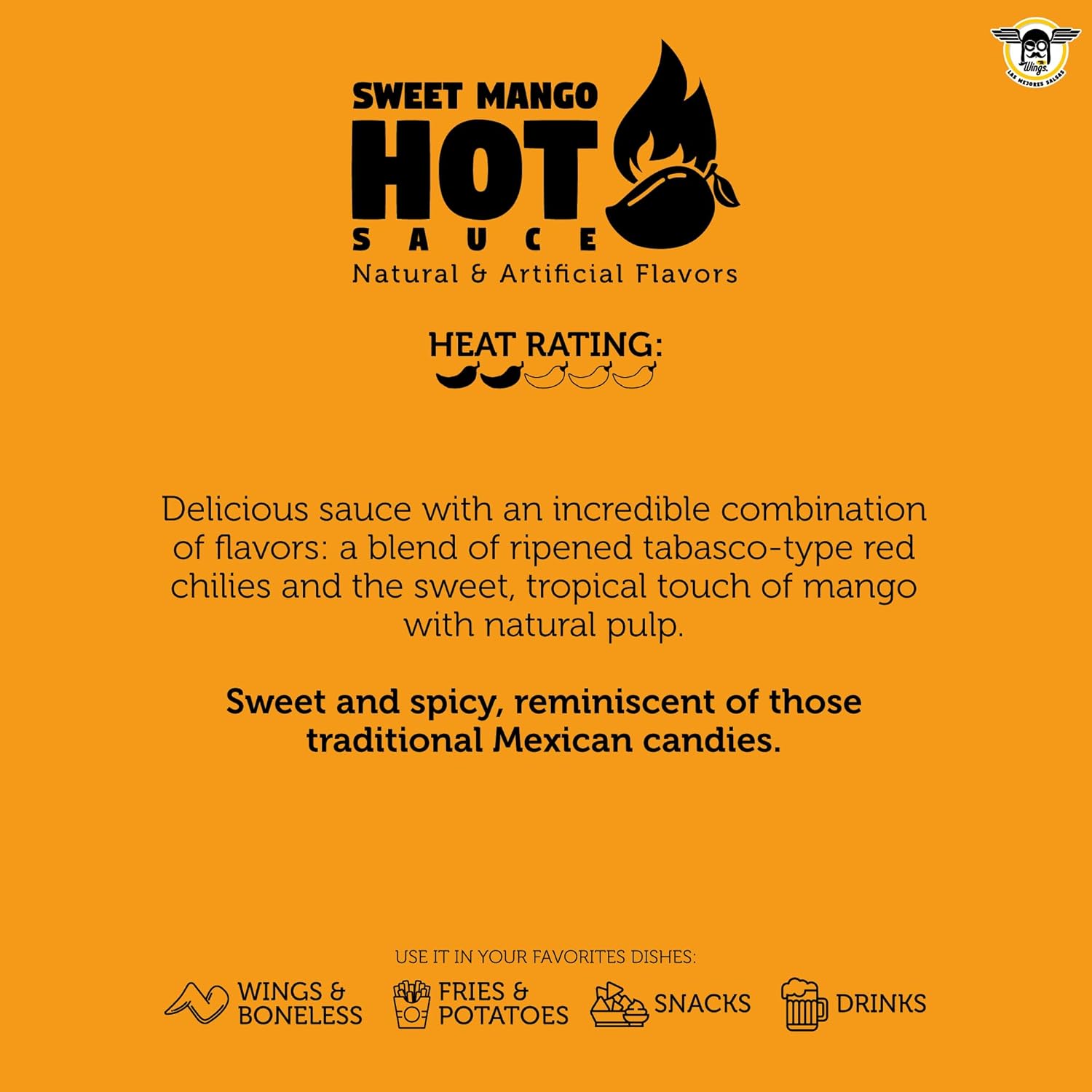 Mr. Wings Sweet Mango Mild Sauce 1 Gallon (128 Fl Oz). Sweet and spicy delight, perfect for boneless chicken, fries, drinks, and your favorite snacks. Large bulk sauce.