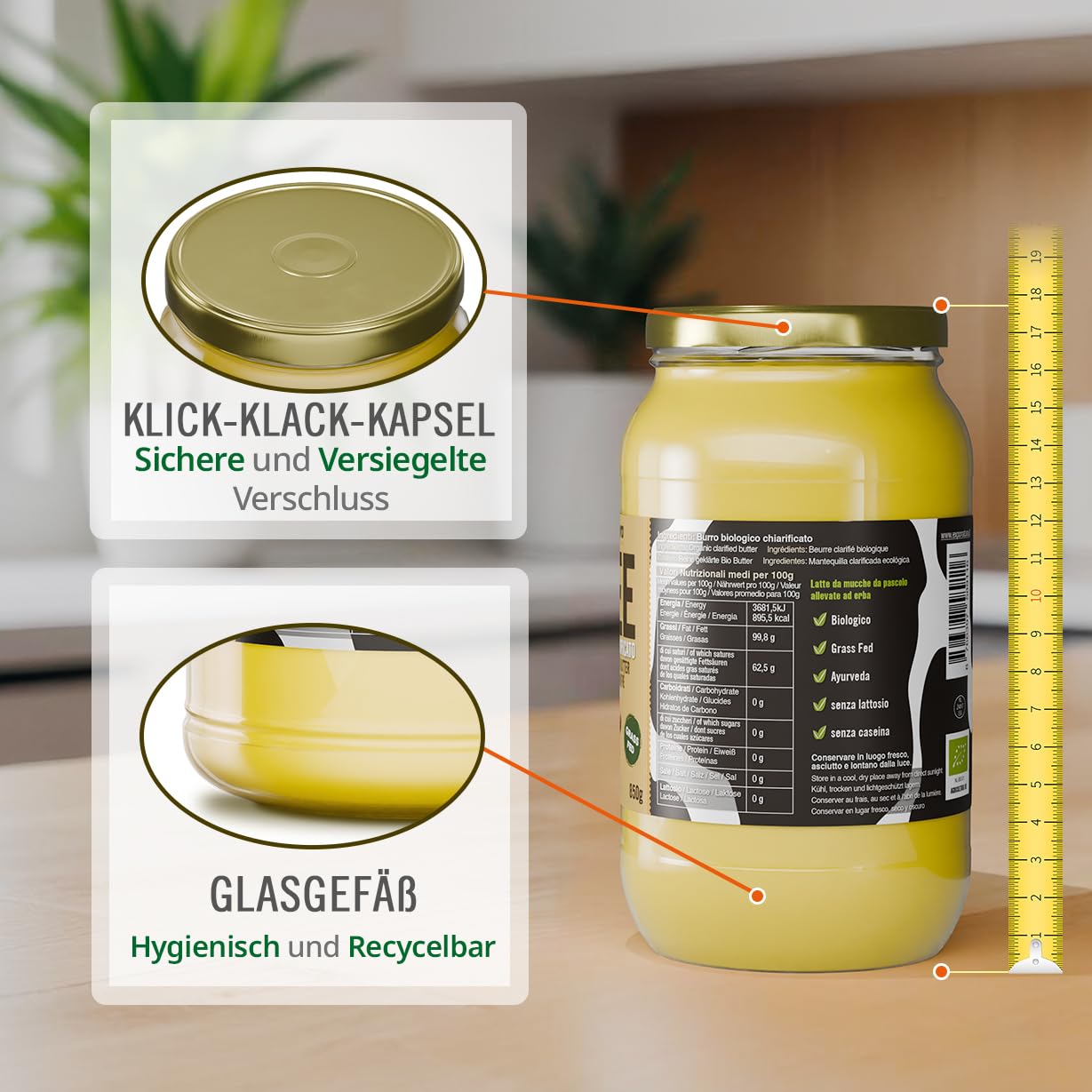Exponatura Bio-Ghee - Geklärte Butter nach alter ayurvedischer Rezeptur - nur aus der Milch von Weidekühen - laktosefrei, extrem bekömmlich (500 g, Ghee)