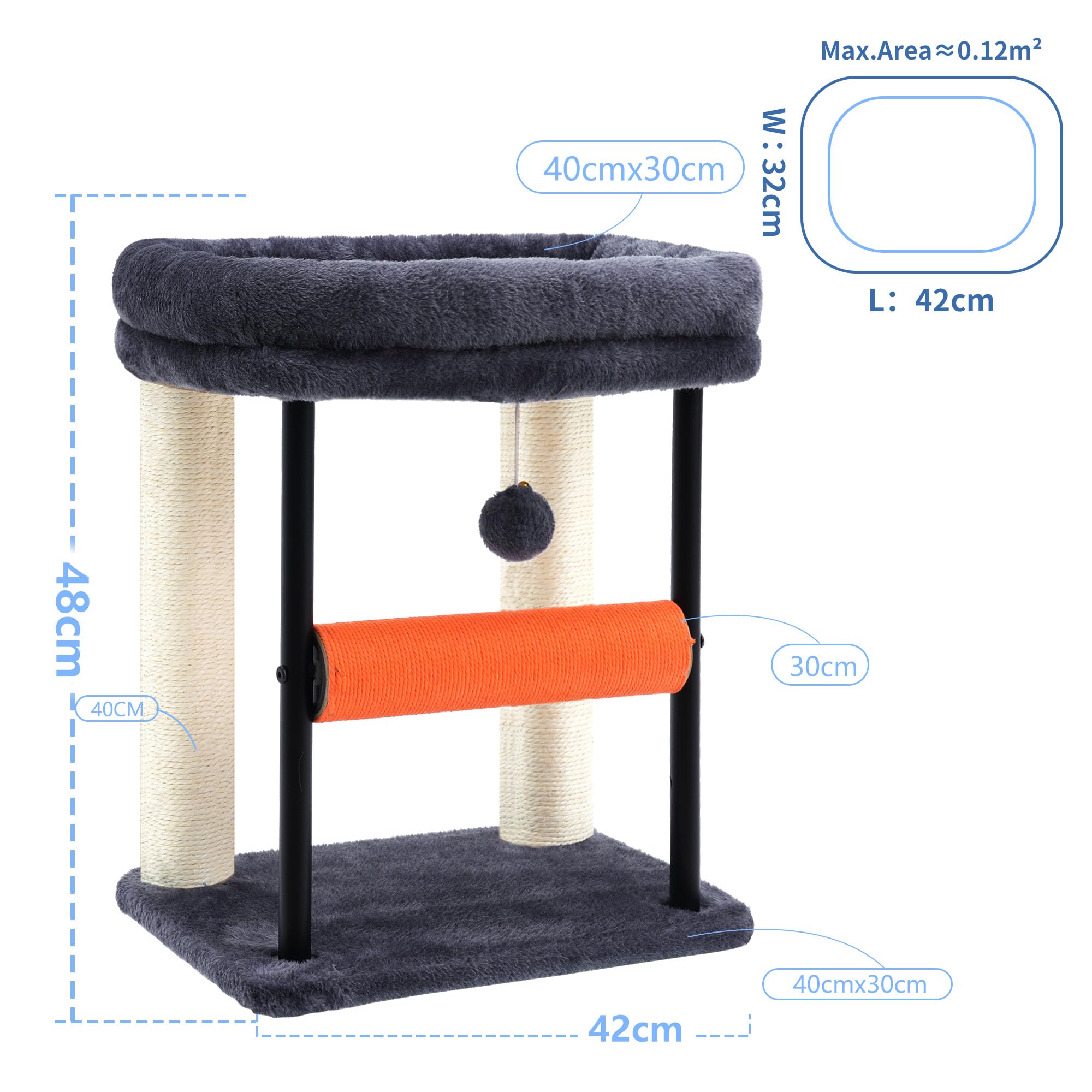 Hey-brother Kratzbaum, 50 cm klein Katzenbaum für Kätzchen, Kratzpfosten mit drehbarer Sisalsäule, geräumiger Plüschplattform, Vollständig sisalumwickelte Säule und Spielbällen, Hellgrau EMPJ010SW