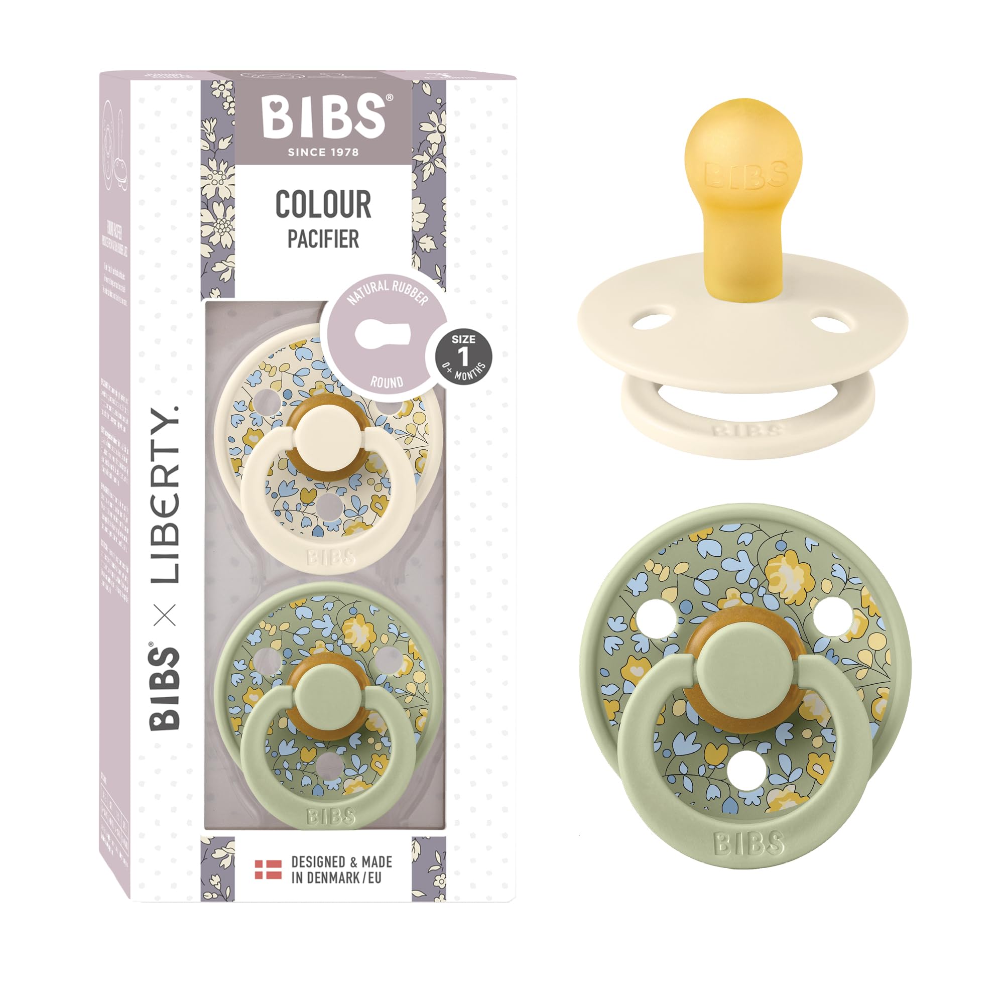 BIBS Colour Liberty Schnuller 2er-Pack, BPA-frei, Kirschform Nippel. Naturkautschuk/Latex, Hergestellt in Dänemark, Größe 2 (6-18 Monate), Chamomile Lawn Violet Sky