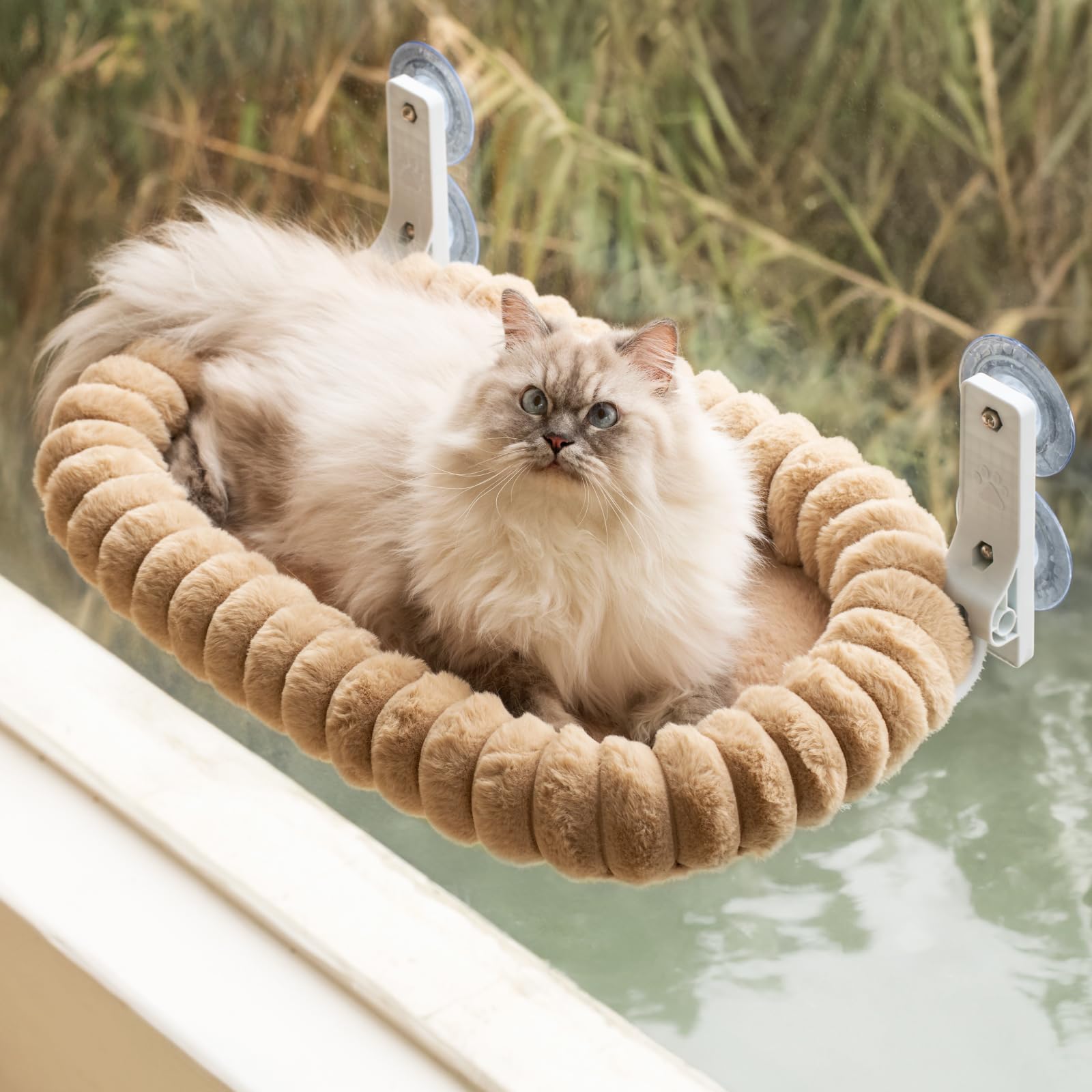 EDAGNY Katzen Fensterliege Hängematte Weich mit Abnehmbarem Wendebezug - Katzen Hängematte Fenster mit Stabiles Stahlgestell Halt bis 18kg, Creme M