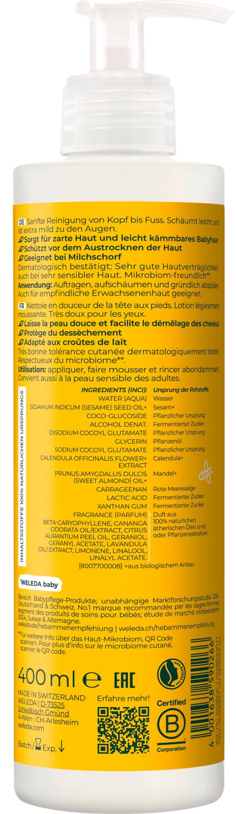 WELEDA Bio Calendula Baby Waschlotion & Shampoo - veganes Naturkosmetik Duschgel zur Hautpflege / Haarpflege bei Neugeborenen. Babypflege Dusche für empfindliche Haut, mild zu den Augen (1x 200ml)