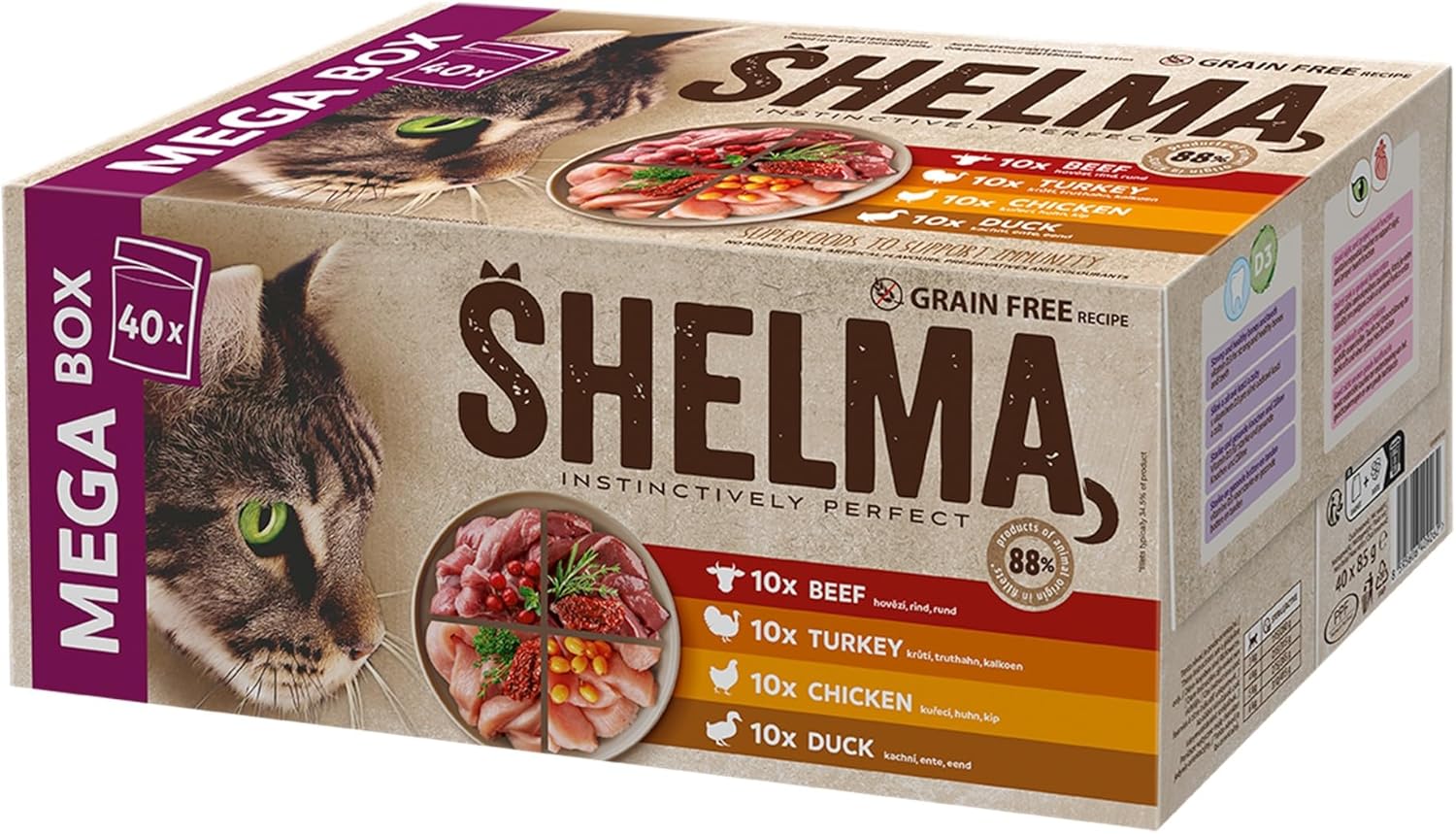 Shelma Katzen-Nassfutter Fleisch Megapack mit den Sorten Rind, Truthahn, Huhn und Ente – Getreidefreies Alleinfuttermittel mit hohem Fleischanteil – 40 x 85 g (3,4 kg)