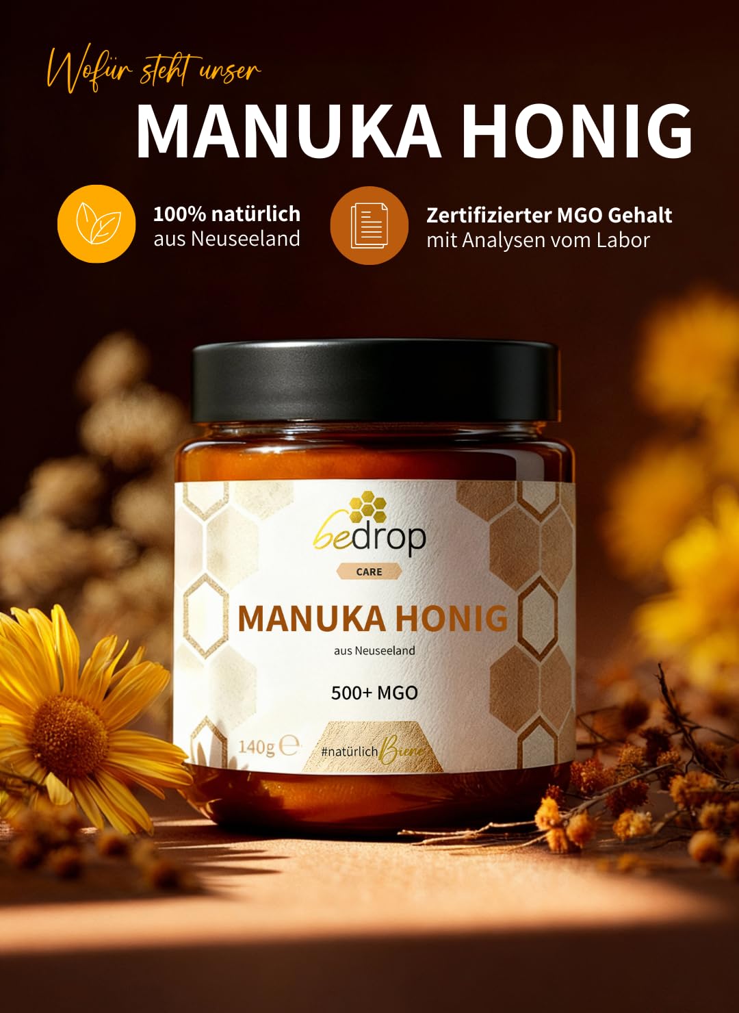 bedrop Manuka Honig mit MGO 500+ XXL Glas - 100% echter Premium Manukahonig aus Neuseeland mit zertifiziertem Methylglyoxal Gehalt (Analyse-Zertifikat) - 140g