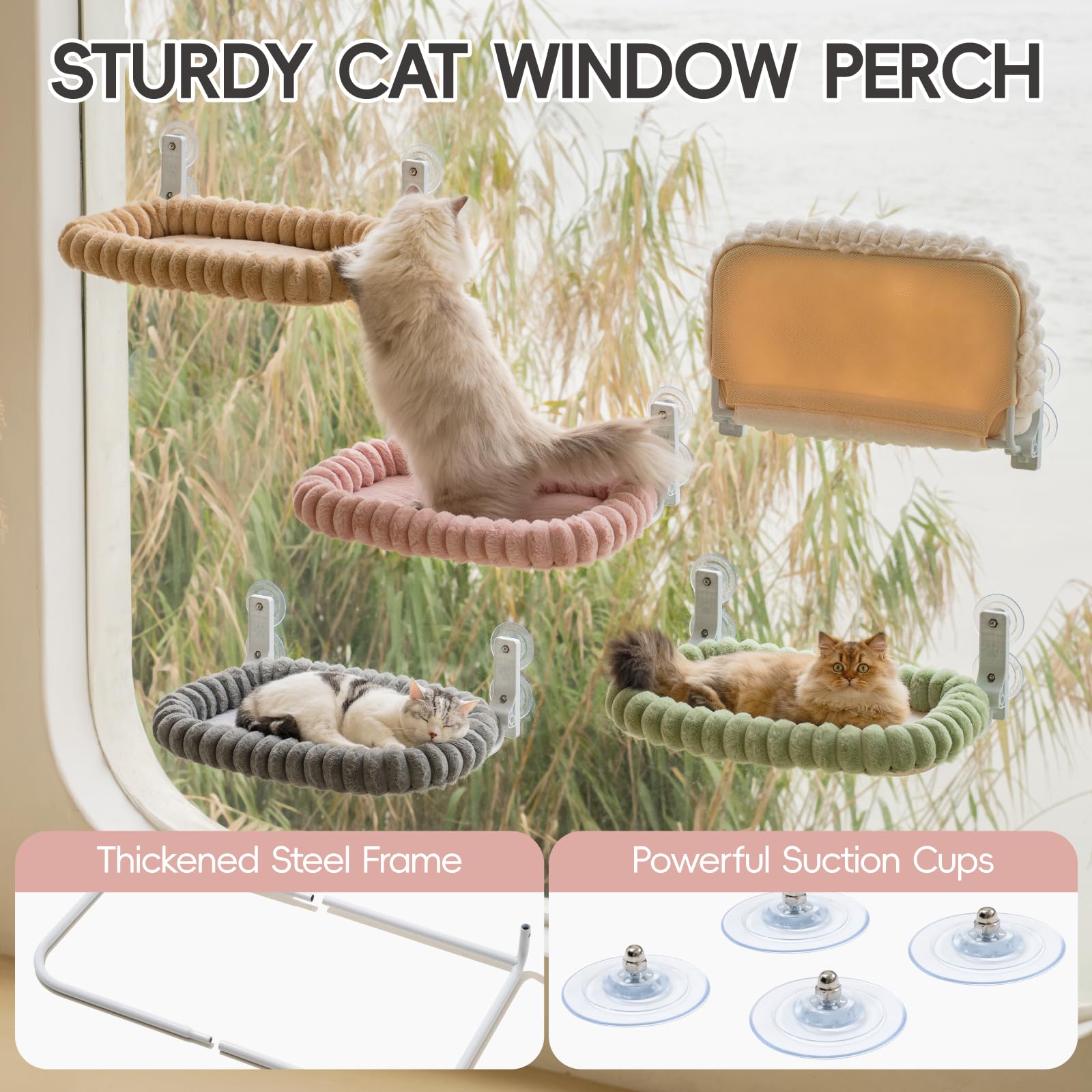 EDAGNY Katzen Fensterliege Hängematte Weich mit Abnehmbarem Wendebezug - Katzen Hängematte Fenster mit Stabiles Stahlgestell Halt bis 18kg, Creme M