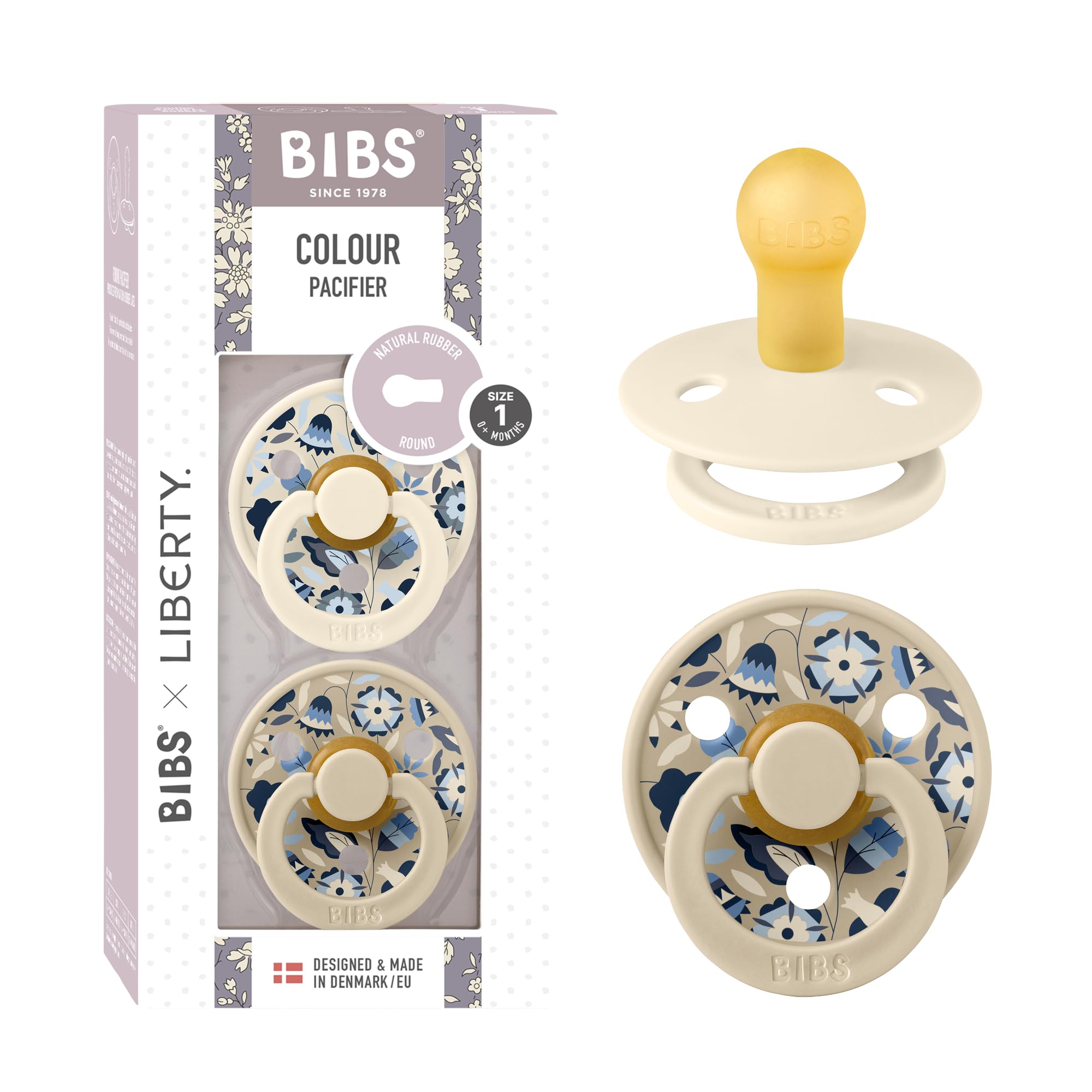 BIBS Colour Liberty Schnuller 2er-Pack, BPA-frei, Kirschform Nippel. Naturkautschuk/Latex, Hergestellt in Dänemark, Größe 2 (6-18 Monate), Chamomile Lawn Violet Sky