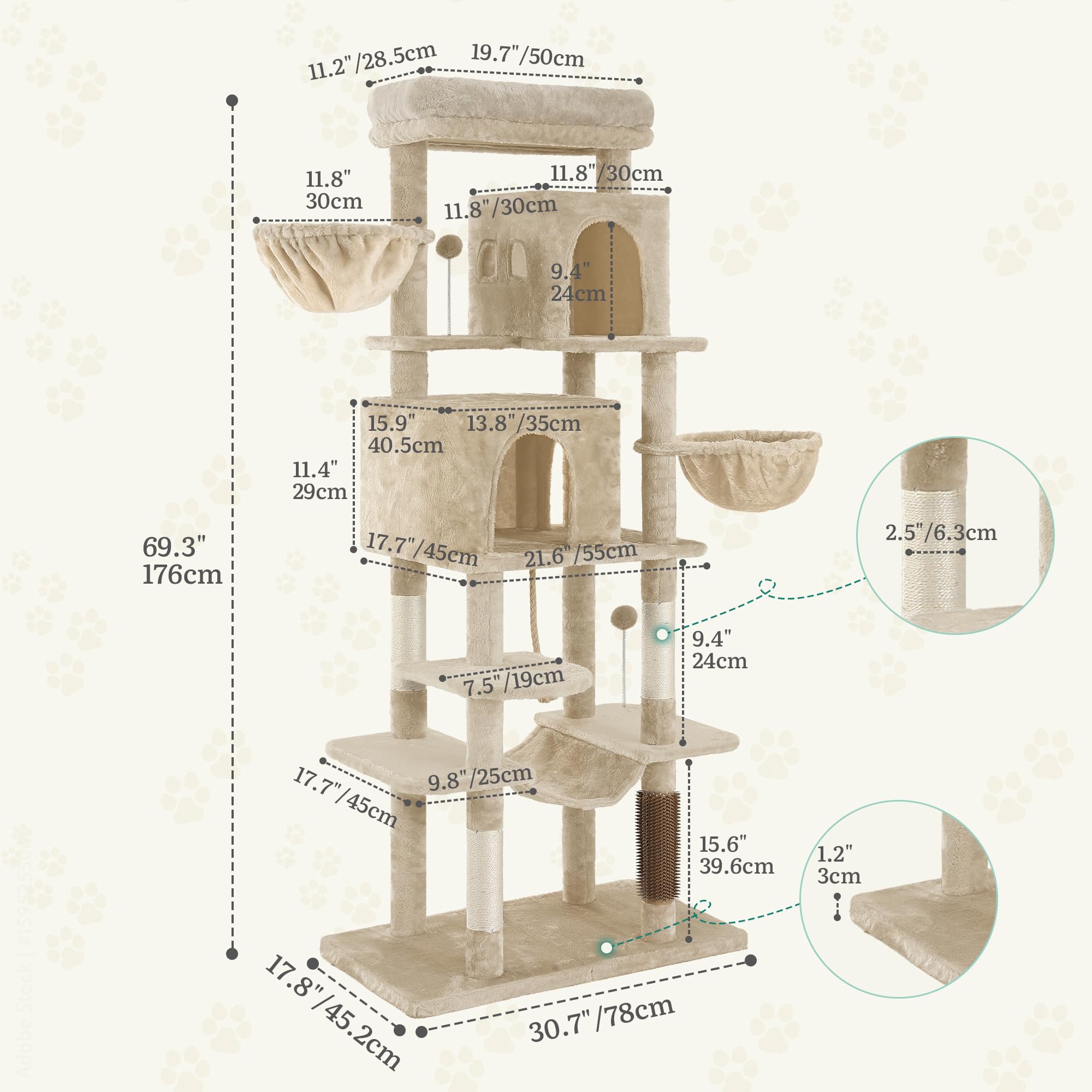YITAHOME Kratzbaum, Katzenkratzbaum, für Große Katze, Katzenbaum, Katzenbürsten, 11 cm Dicke Stämme, Große Plattformen, Plüschkissen, Höhle, 50 x 50 x 157 cm, Beige