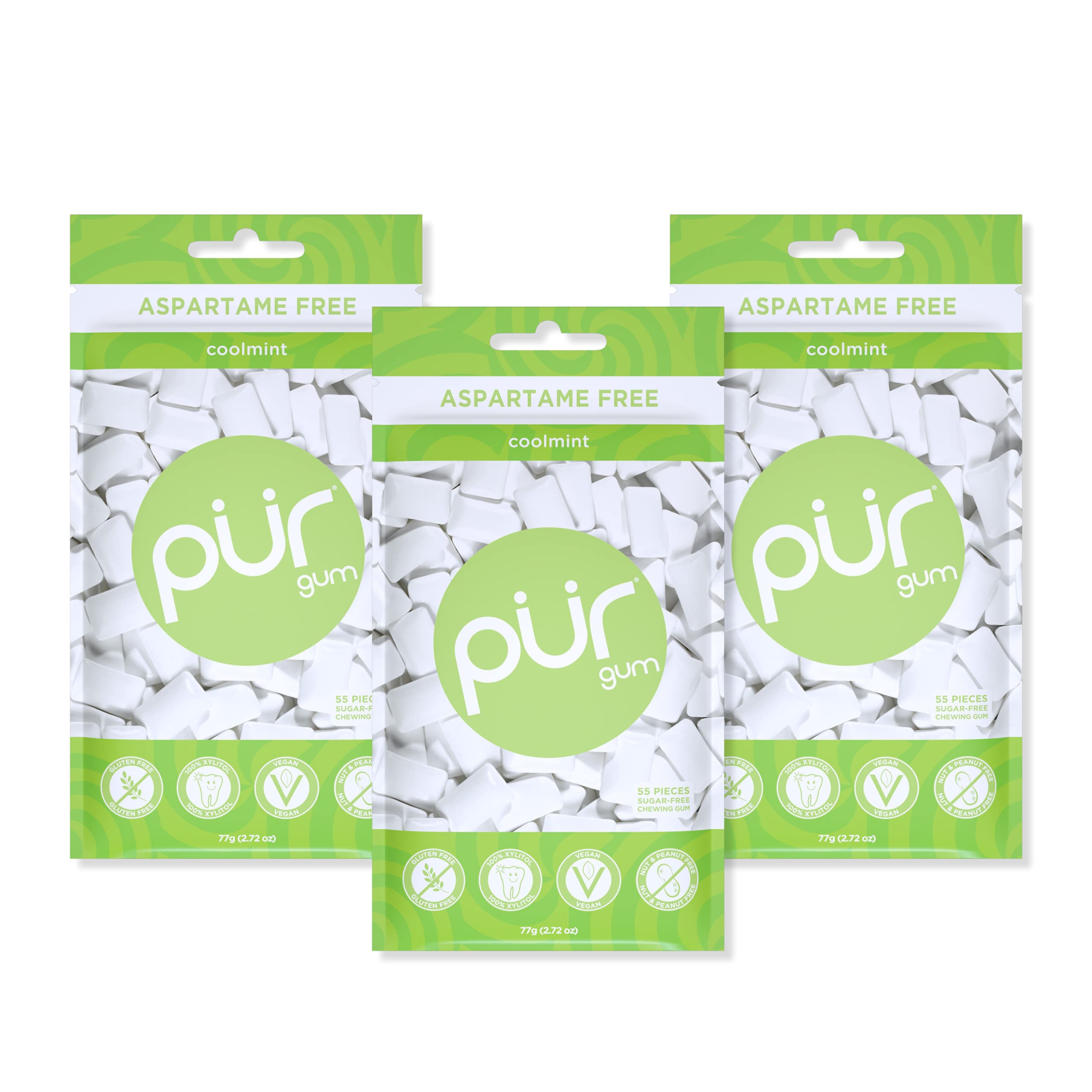 PUR Gum | Zuckerfreier Kaugummi | Mit Xylit | Vegan, Aspartamfrei & Glutenfrei | Natürlicher Kaugummi Mit Spearmint-Geschmack, 55 Stück (3er Pack)
