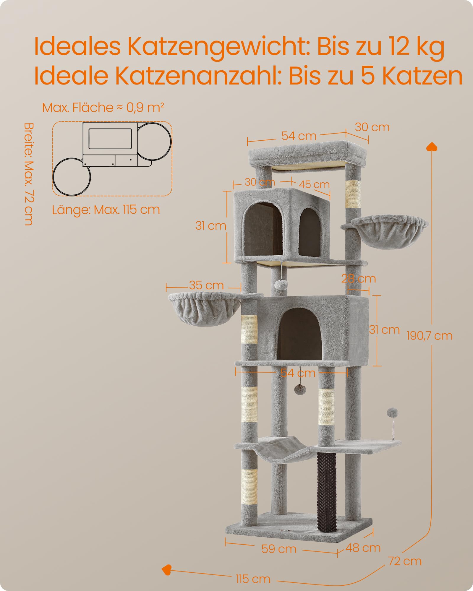 Feandrea Kratzbaum, 175 cm hoch, XL, mehrstöckiger Katzenbaum mit 2 Höhlen, 2 Liegemulden, 5 Kratzsäulen, Katzenbürste, große Plattform, Taubengrau PCT182G01