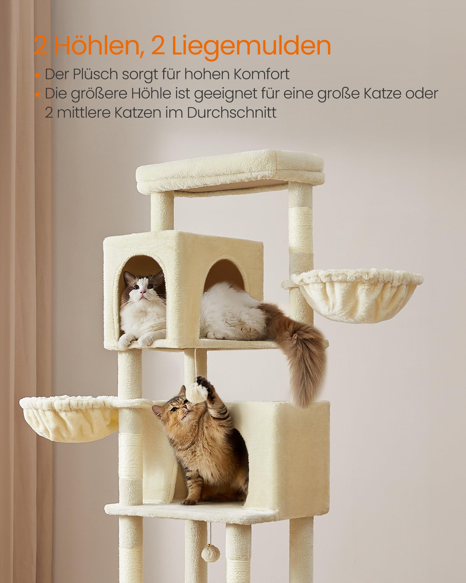 Feandrea Kratzbaum, 175 cm hoch, XL, mehrstöckiger Katzenbaum mit 2 Höhlen, 2 Liegemulden, 5 Kratzsäulen, Katzenbürste, große Plattform, Taubengrau PCT182G01