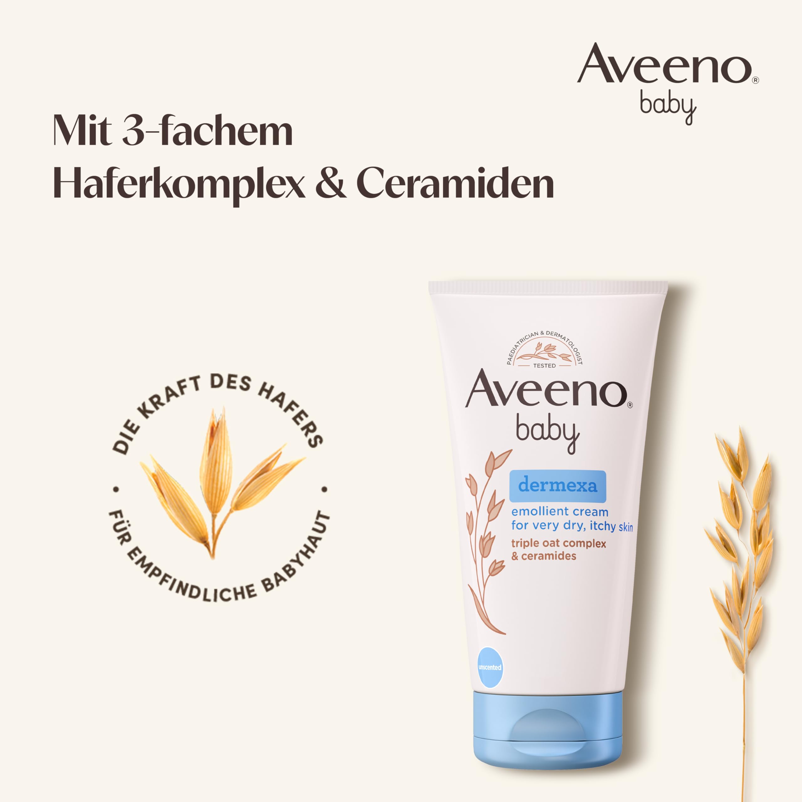 Aveeno® baby dermexa Emollientien Creme mit präbiotischem Hafermehl, Ceramiden & Panthenol für sehr trockene, juckende und zu Neurodermitis neigende Haut, 150 ml