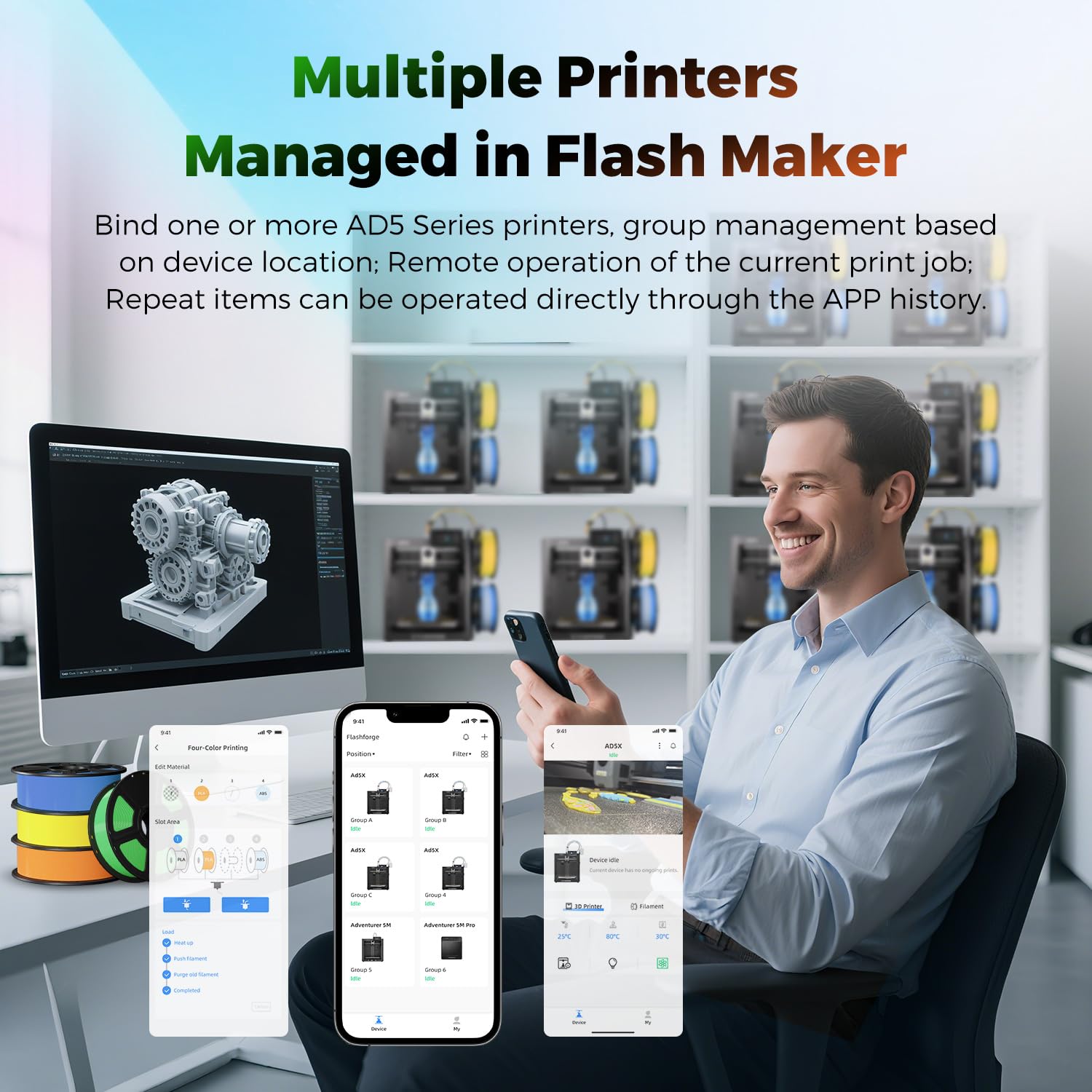 FLASHFORGE 3D Printer AD5M Pro with 250g PLA, 600mm/s High Speed CoreXY High Precision Printing, 280℃ Quick-Swap 0.4 & 0.6mm Hotend, 50dB Silence and Built-in Camera, Build Volume 220 * 220 * 220mm