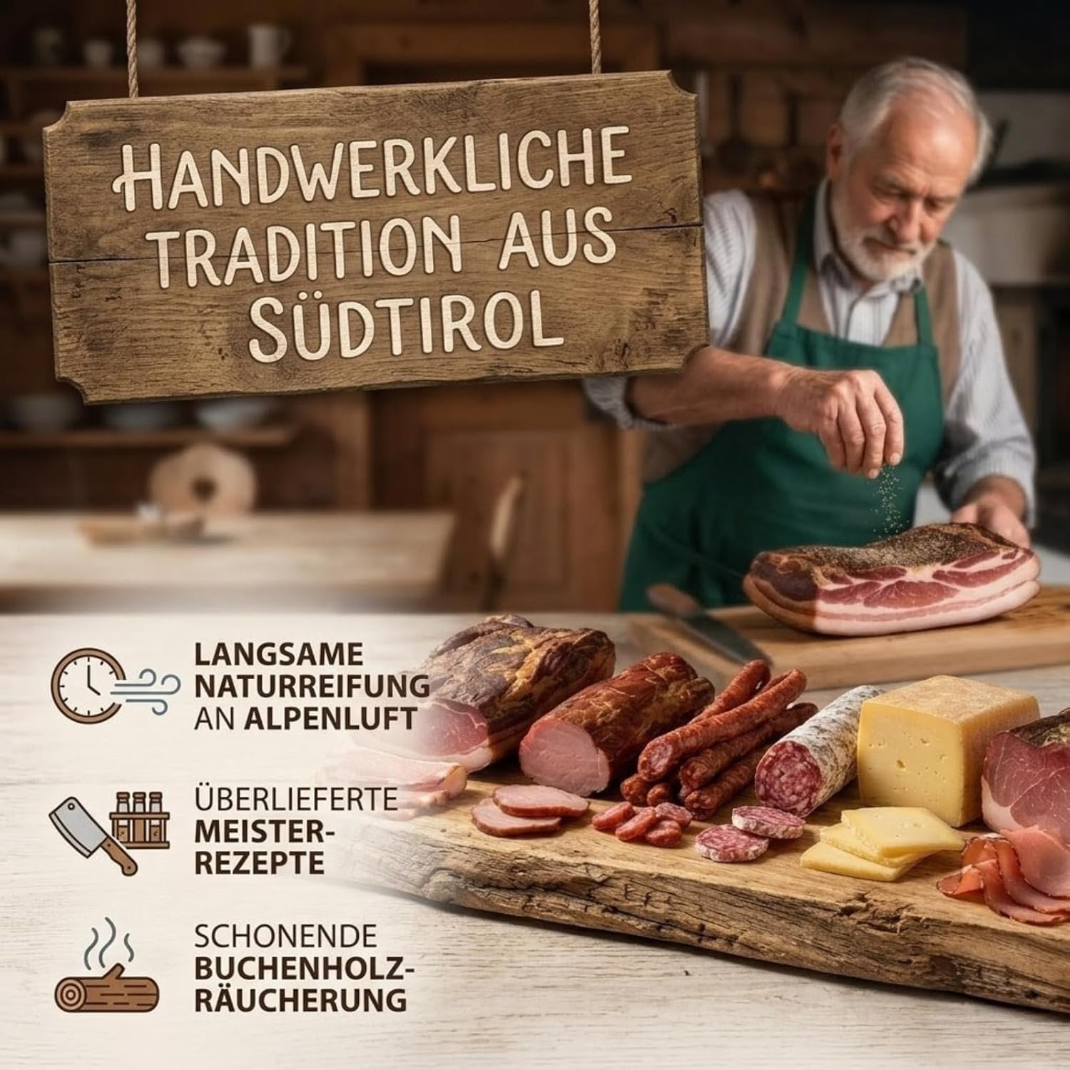 BAVAREGOLA Geschenkekiste mit Südtiroler Spezialitäten die "6er Marende" - Präsentkorb gefüllt mit Speck, Käse, Salami & Schinken von Viktor Kofler/Lana - Genuss Geschenk für Männer & Frauen