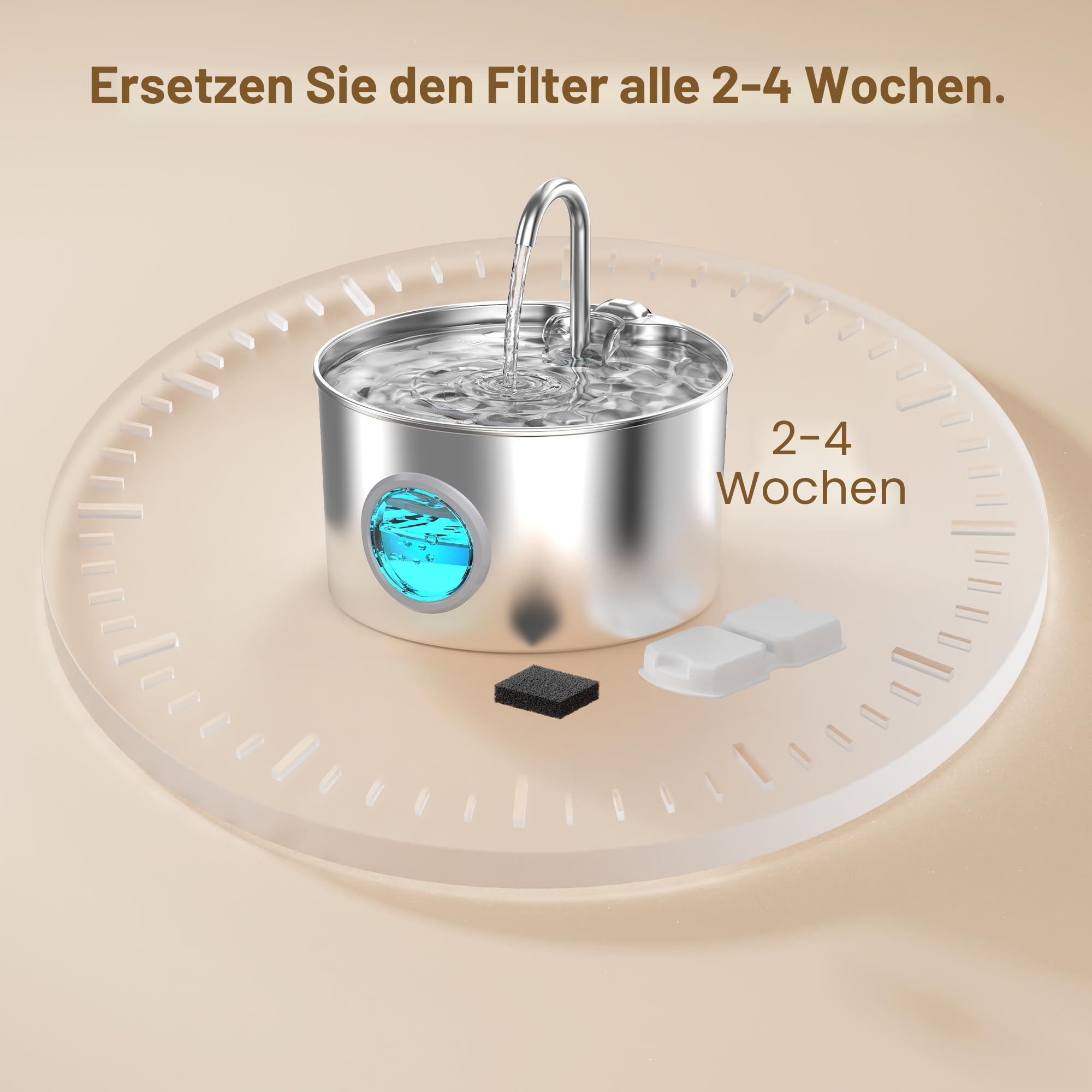 Katzenbrunnen Edelstahl Trinkbrunnen für Katze: Katzenbrunnen für Katzen - 2.2L Wasserbrunnen für Katzen mit 1 Filter und 1 Schwamm - Automatisch Katzentrinkbrunnen für Hunde mit Sichtfenster