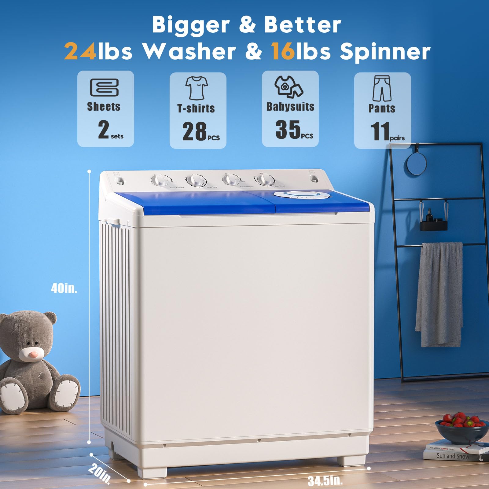 Auertech Portable Washing Machine, 28lbs Twin Tub Washer Mini Compact Laundry Machine with Drain Pump, Semi-automatic 18lbs Washer 10lbs Spinner Combo for Dorms, Apartments, RVs