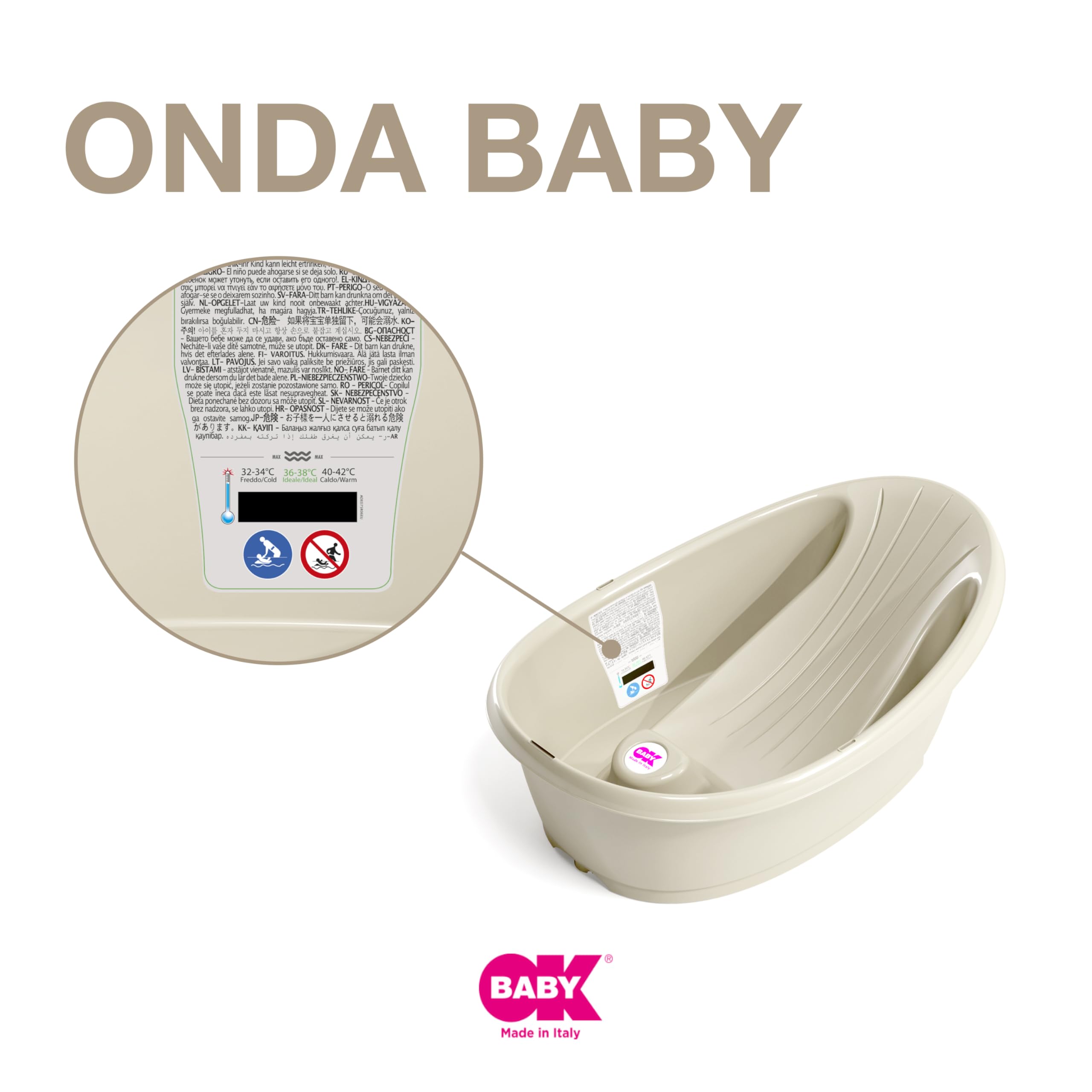Onda Baby-Badewanne - Rutschsichere Basis, mit eingebautem digitalen Flüssigkristall-Thermometer - Rückenstütze für zusätzlichen Komfort - Passt in die Badewanne oder die ebenerdige - Weiss