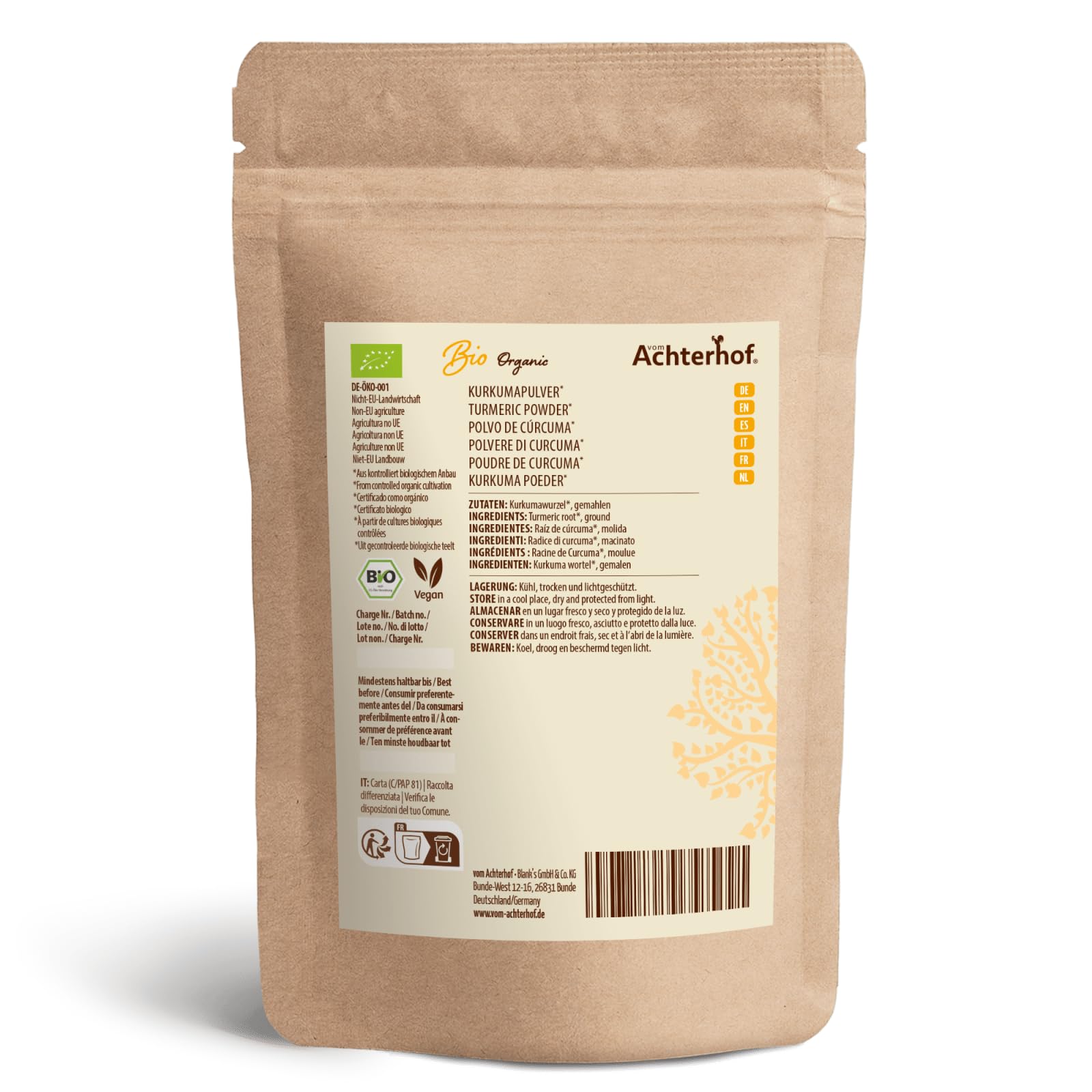 Kurkuma Pulver 1000g | fein gemahlene Kurkumawurzel in Bio-Qualität | Ideal zur Zubereitung einer Goldenen Milch, als Zugabe in Tee, asiatischen Gerichten, würzigen Suppen & Co | vom Achterhof