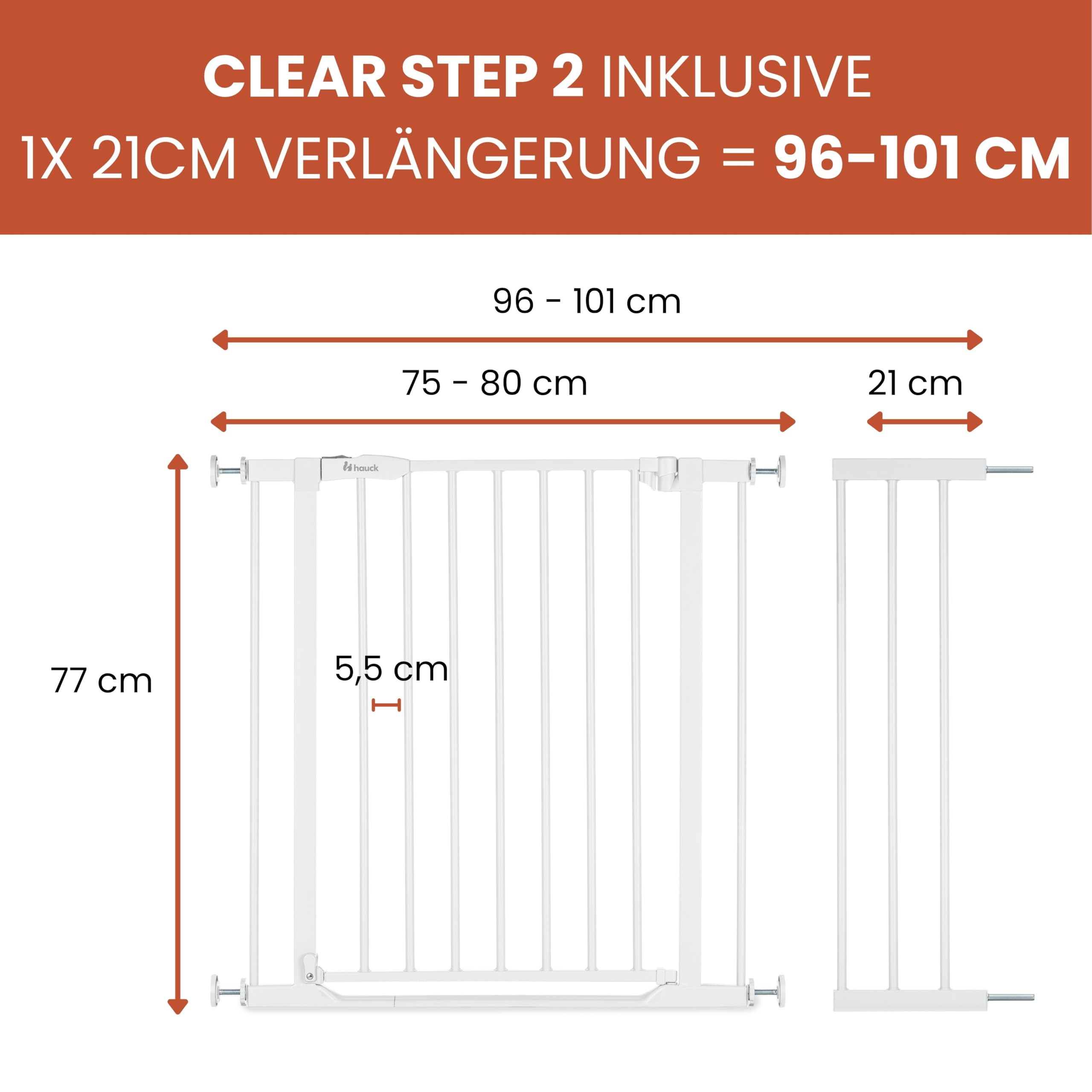 hauck Open N Stop 2 + 21 cm Verlängerung, Weiß - Kinderschutzgitter Hundegitter, Verstellbare Breite 96-101 cm, 77 cm Hoch, Beidseitige Einhand Öffnung, ohne Bohren, für Innen