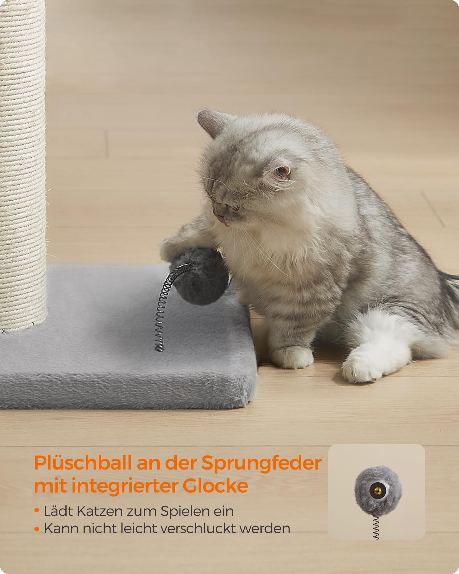 Feandrea Kratzbaum, 85 cm hoch, Kratzsäule XL, 13 cm Dicker Stamm, Katzenbaum, Kratzstamm für mittelgroße und große Katzen, Sisalstamm, mit Plüschball und Glocke, Taubengrau PCA041G01