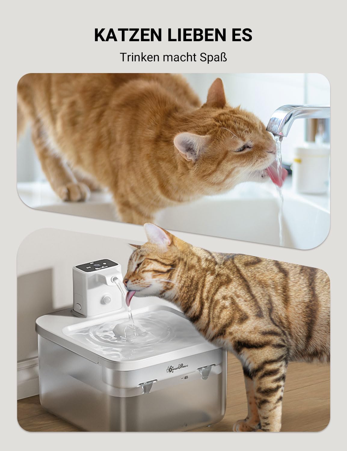 DownyPaws 2.5L Trinkbrunnen für Katze Kabellos, Katzenbrunnen Kabellos mit Bewegungsmelder, Batteriebetrieben Katzentrinkbrunnen, 4000mAh, Leise Wasserpumpe, Tablett aus Edelstahl für Katze, Schwarz