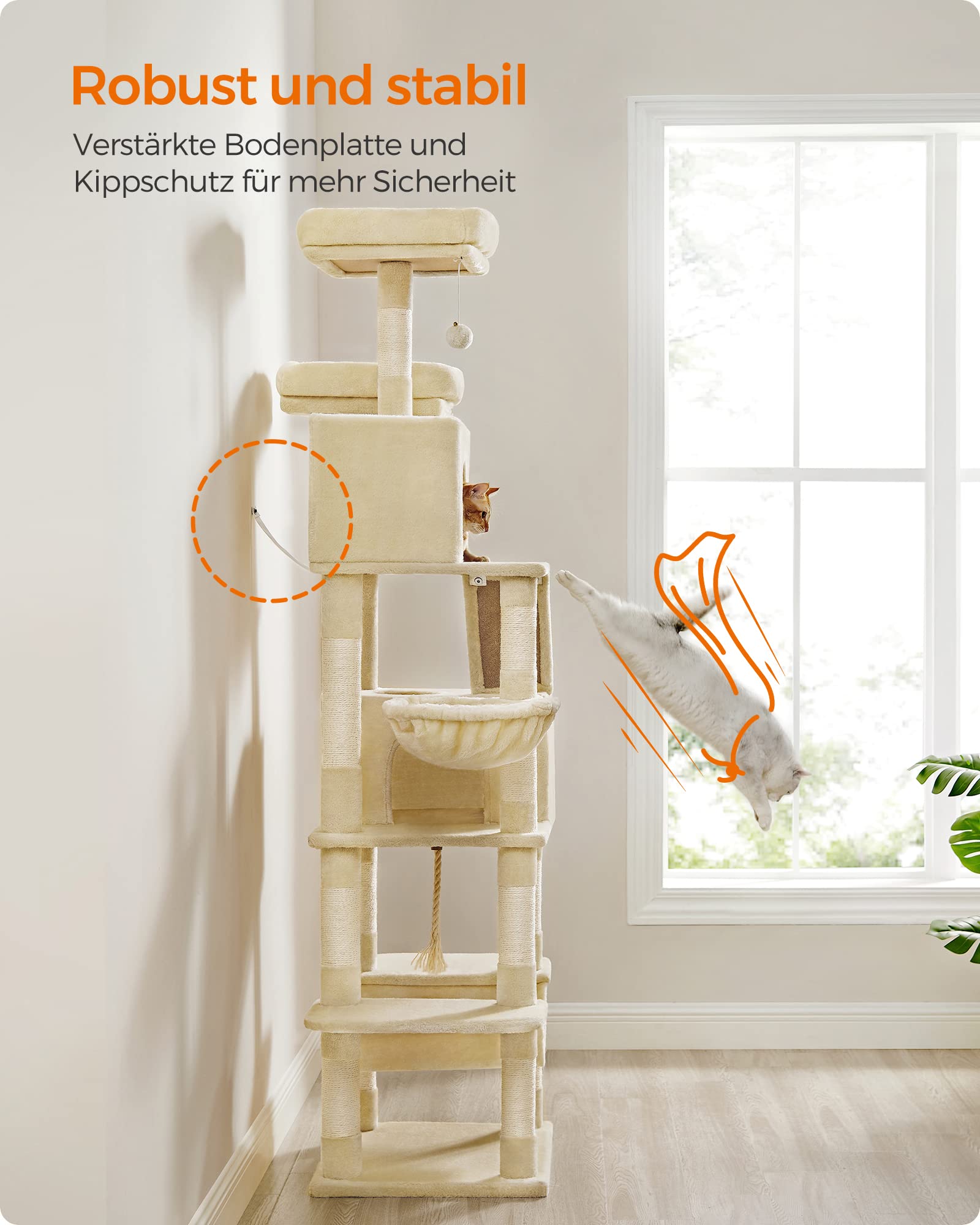 Feandrea Kratzbaum groß, 203,5 cm hoch, XXL Katzenbaum, mit 13 Kratzsäulen, 2 Plattformen, 2 Höhlen, Korb, Hängematte, Plüschbälle, mehrstöckiger Katzenkratzbaum, rauchgrau PCT190G01