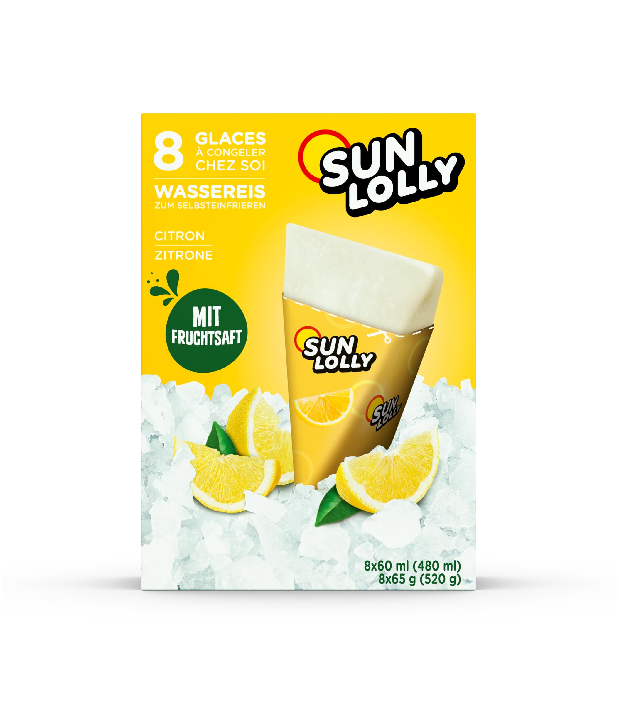 Sun Lolly Wassereis Zitrone 12er Vorratspack | Mit Fruchtsaft | Zum Selbsteinfrieren | Ohne künstliche Aromen | Frei von Süßungsmittel | Laktosefrei | Glutenfrei | 12 x 480ml