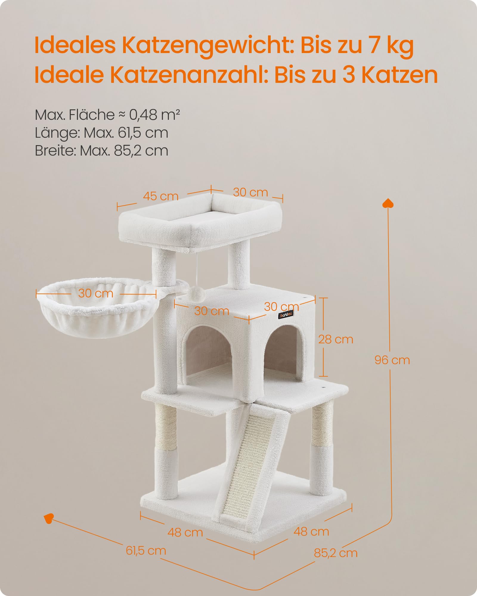 Feandrea Kratzbaum, 96 cm hoch, Katzenbaum mit großer Plattform, Katzenkratzbaum mit Katzenhöhle, Hängematte, Kratzrampe, Plüschball, weicher Plüsch, hellgrau PCT51W