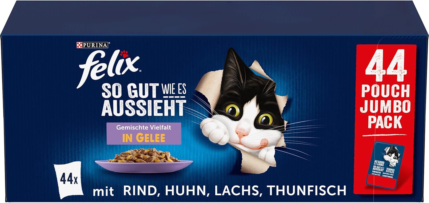 Felix So gut wie es aussieht Geschmacksvielfalt vom Land in Gelee Katzennassfutter, 44er Pack (44 x 85g)