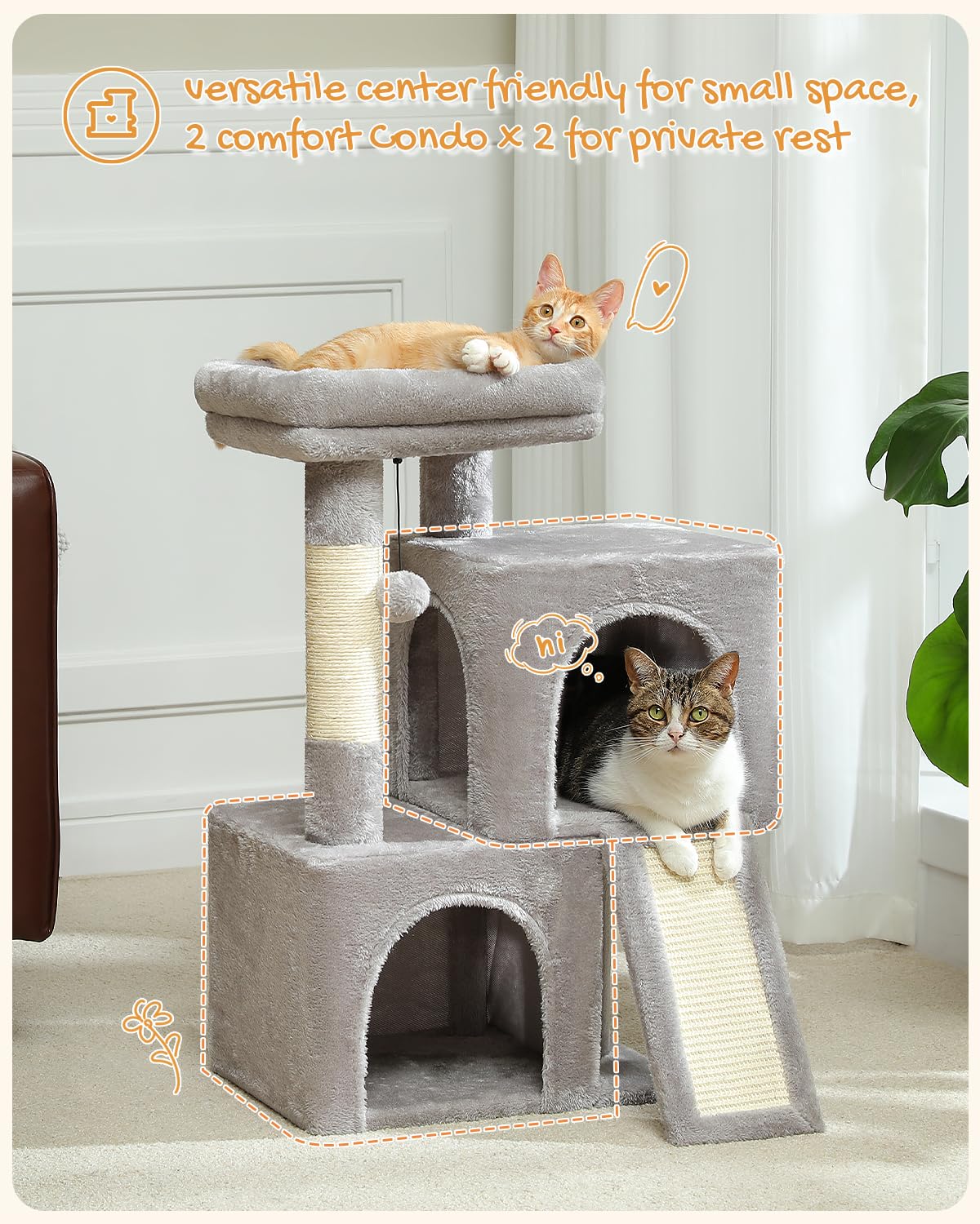 PETEPELA Katzenbaum Kratzbaum Kratzbäume Katzenmöbel mit Sisal-Seil Plüsch Liege höhlen Spielhaus Spielzeug für Katzen Grau