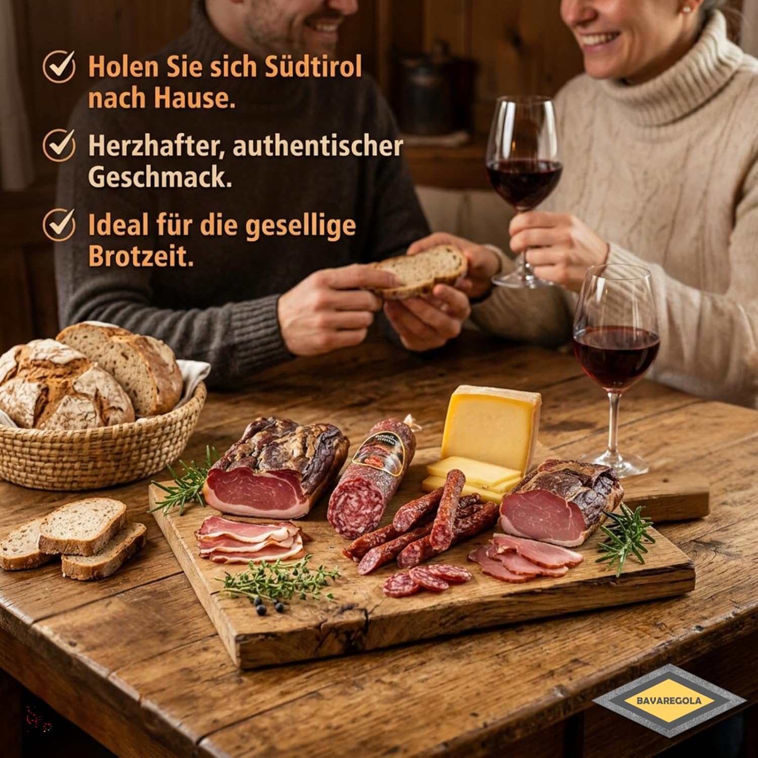 BAVAREGOLA Geschenkekiste mit Südtiroler Spezialitäten die "6er Marende" - Präsentkorb gefüllt mit Speck, Käse, Salami & Schinken von Viktor Kofler/Lana - Genuss Geschenk für Männer & Frauen