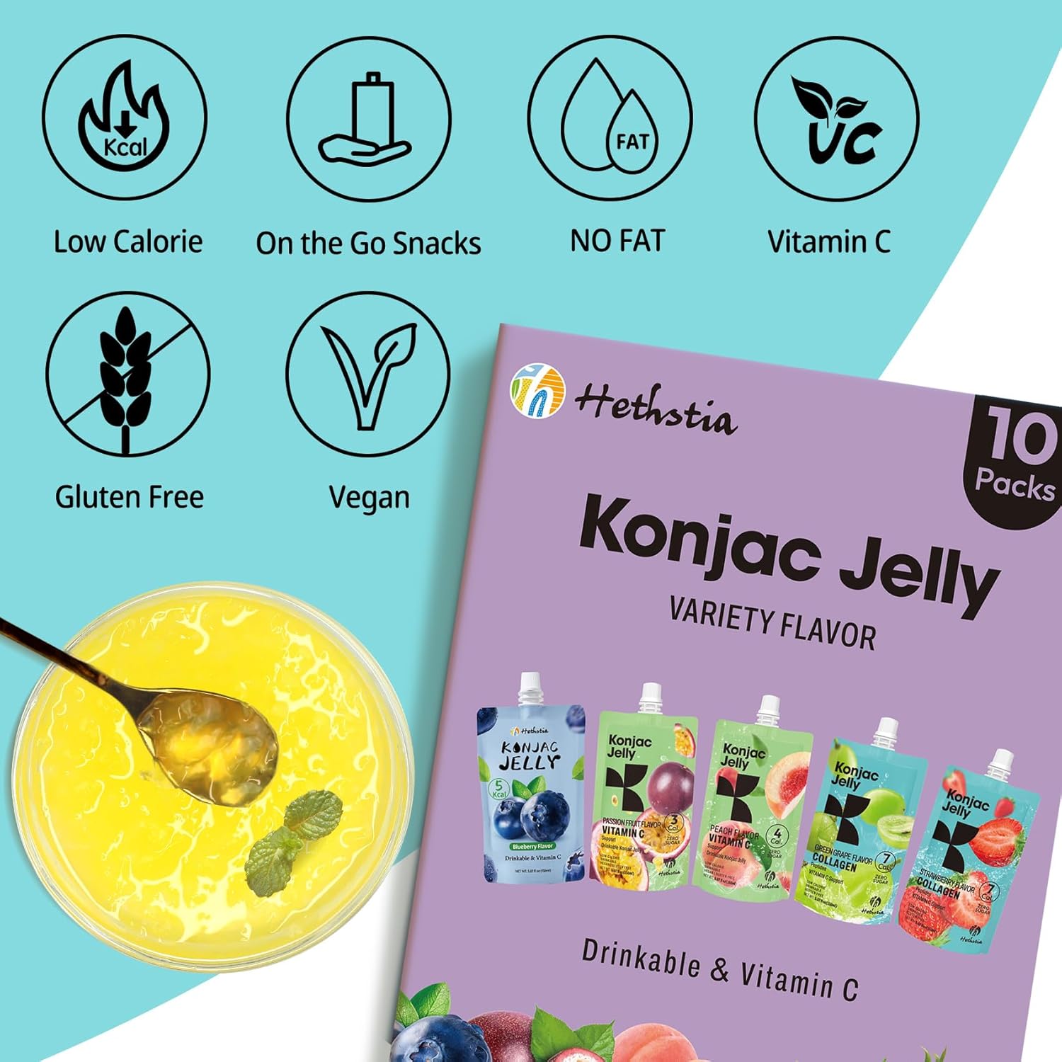 Hethstia Konjac Jelly Variety Pack, 10 Pouches Drinkable Jelly– Blueberry, Peach, Passion Fruit, Green Grape, Strawberry – Low Calorie Snack with Vitamin C, Keto, Gluten-Free, On-the-Go Healthy Treat