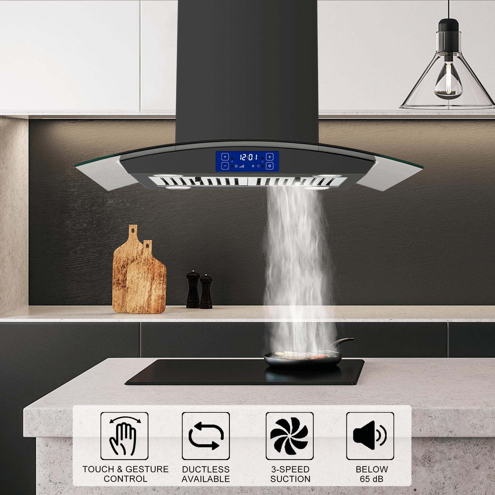JOEAONZ Island Range Hood 30 Inch 700 CFM Gesture & Touch Control Ceiling Mount Stainless Steel Kitchen Vent Hood, Kitchen Exhaust Hood, Ducted/Ductless Convertible 3-speed Ventilation Fan Switchable