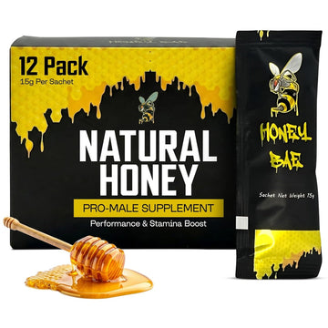 Honey Bae Natural Honey Satchets 12 Pack - Supplement for Vitality, Performance & Stamina - 15 Gram Satchet - Herbal Energy Boost for Men