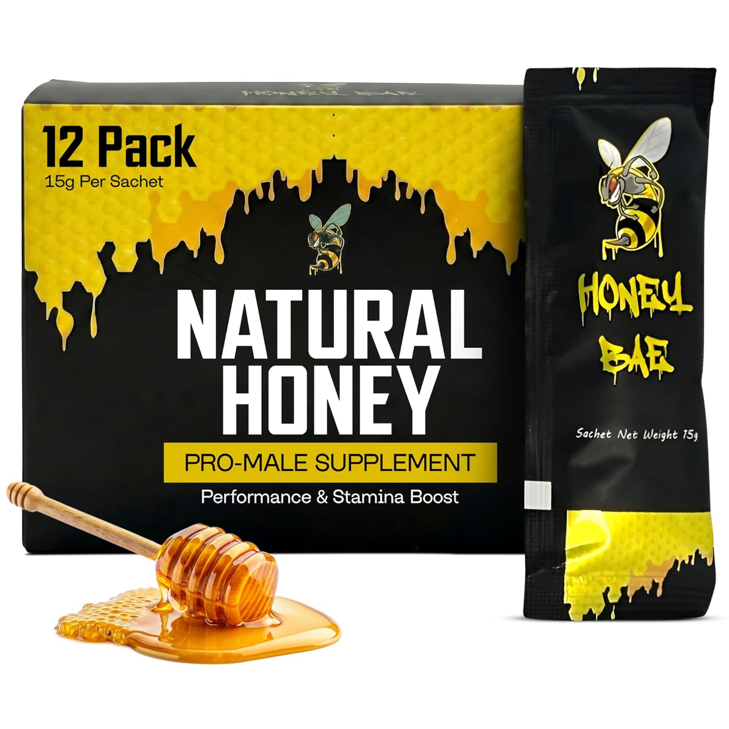 Honey Bae Natural Honey Satchets 12 Pack - Supplement for Vitality, Performance & Stamina - 15 Gram Satchet - Herbal Energy Boost for Men