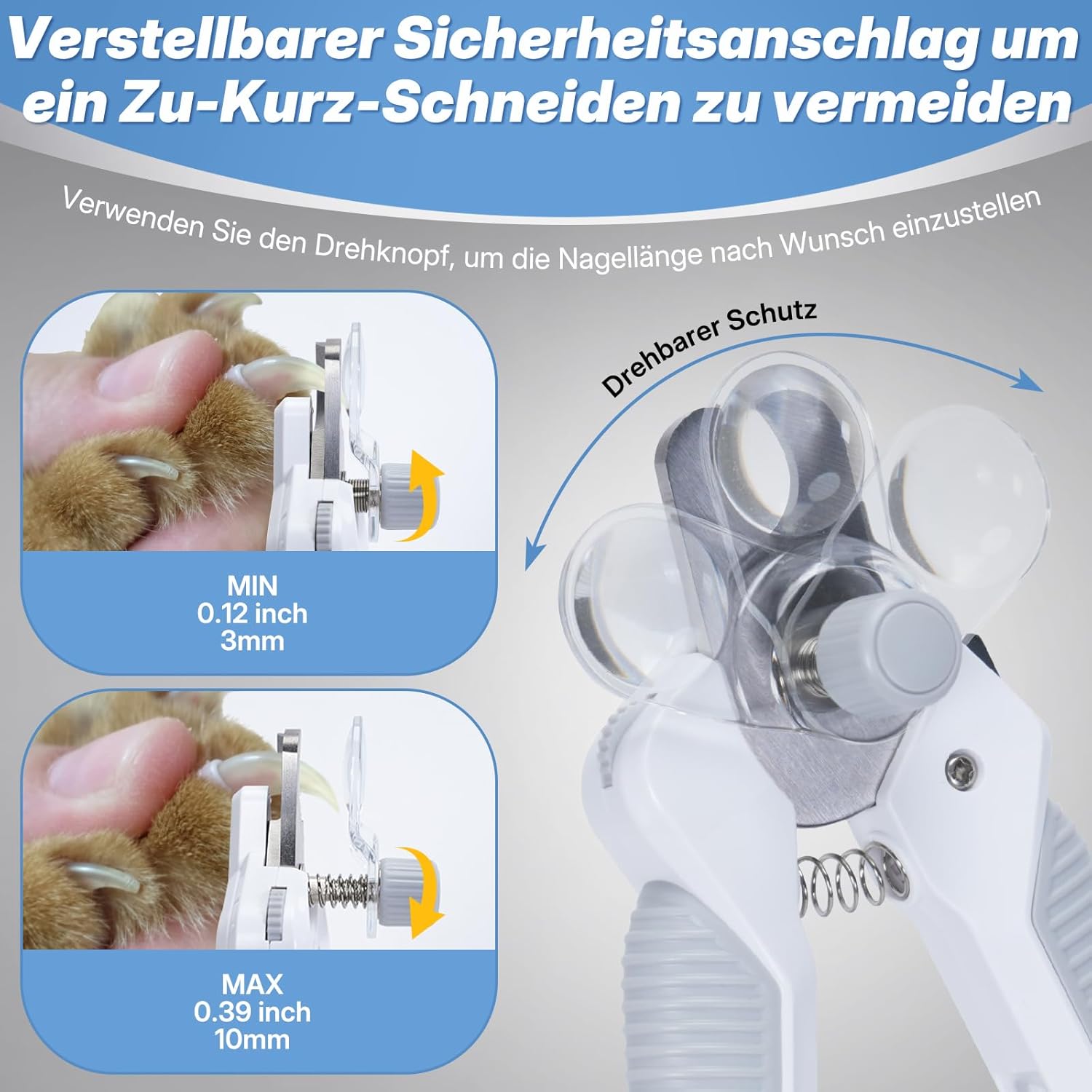 Krallenschere für Hunde und Katzen mit 2 LEDs Einstellbarer Helligkeit, Haustier Nagelknipser mit Sicherheitsschutz, Nagelfeile, Wiederaufladbar Krallenpflege Schneider, Krallenzange für Alle Rassen
