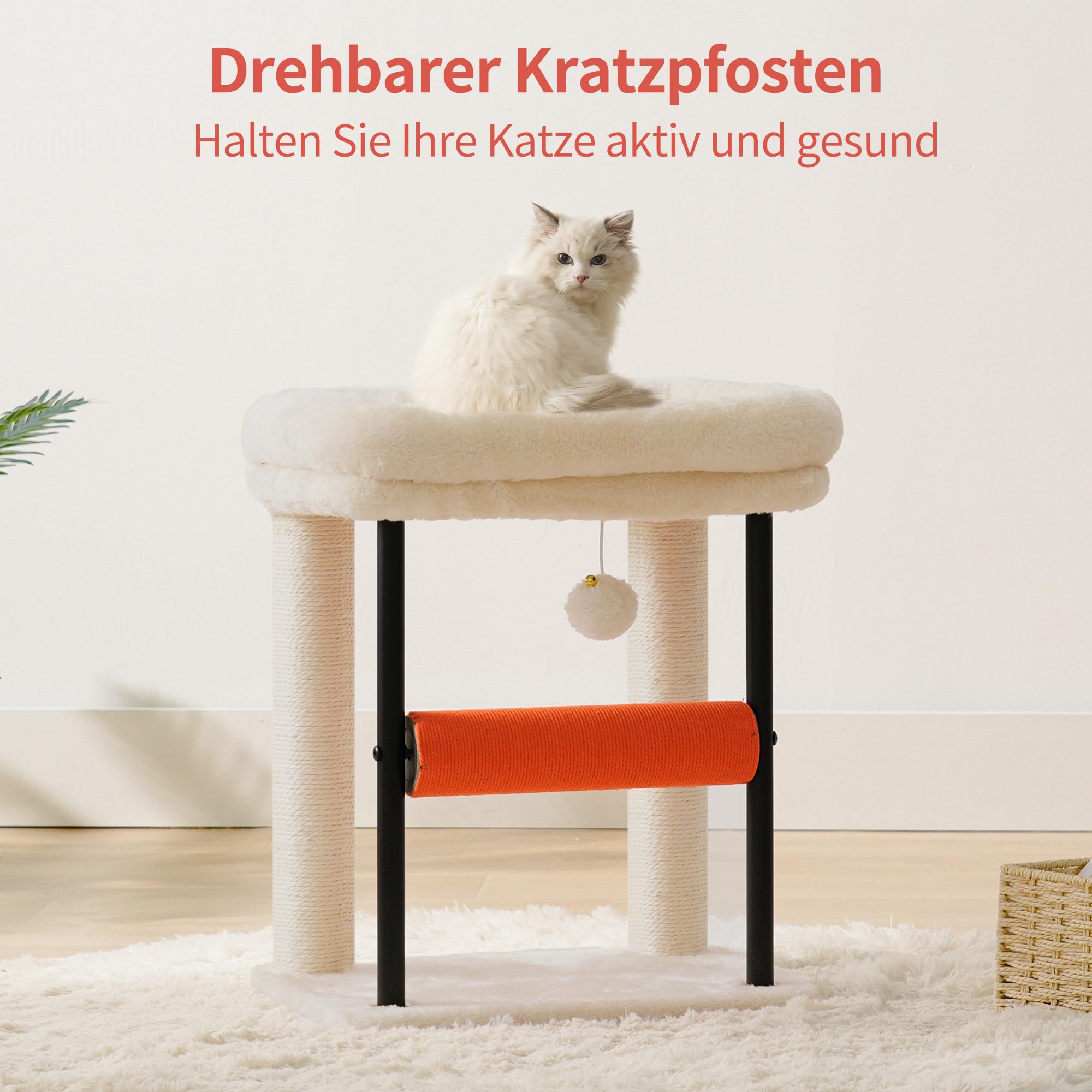 Hey-brother Kratzbaum, 50 cm klein Katzenbaum für Kätzchen, Kratzpfosten mit drehbarer Sisalsäule, geräumiger Plüschplattform, Vollständig sisalumwickelte Säule und Spielbällen, Hellgrau EMPJ010SW