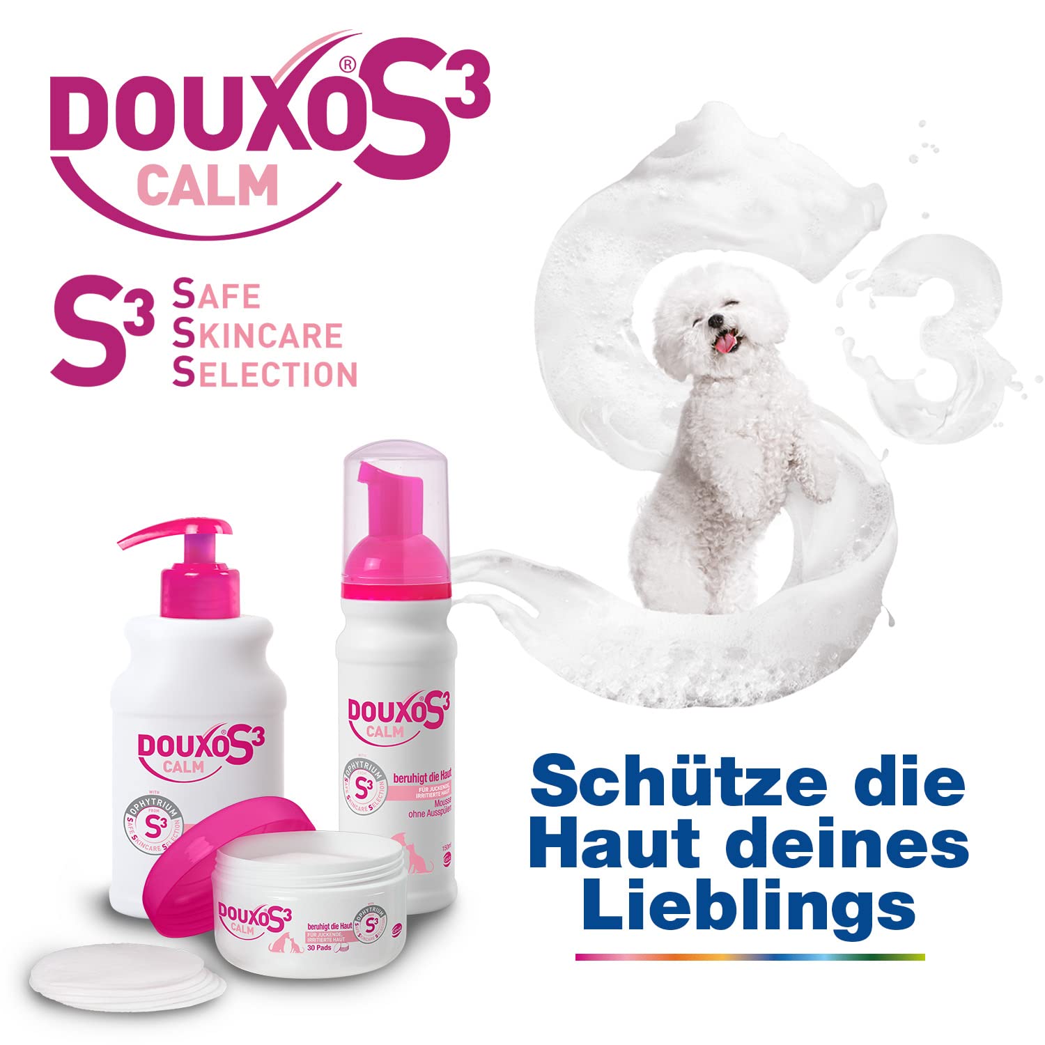DOUXO S3 Calm Mousse | für Hunde & Katzen | Schaum Pflege für juckende, gereizte & empfindliche Haut | Hautberuhigend & Feuchtigkeitsspendend | ideal für Allergiker & allergische Tiere | 150 ml