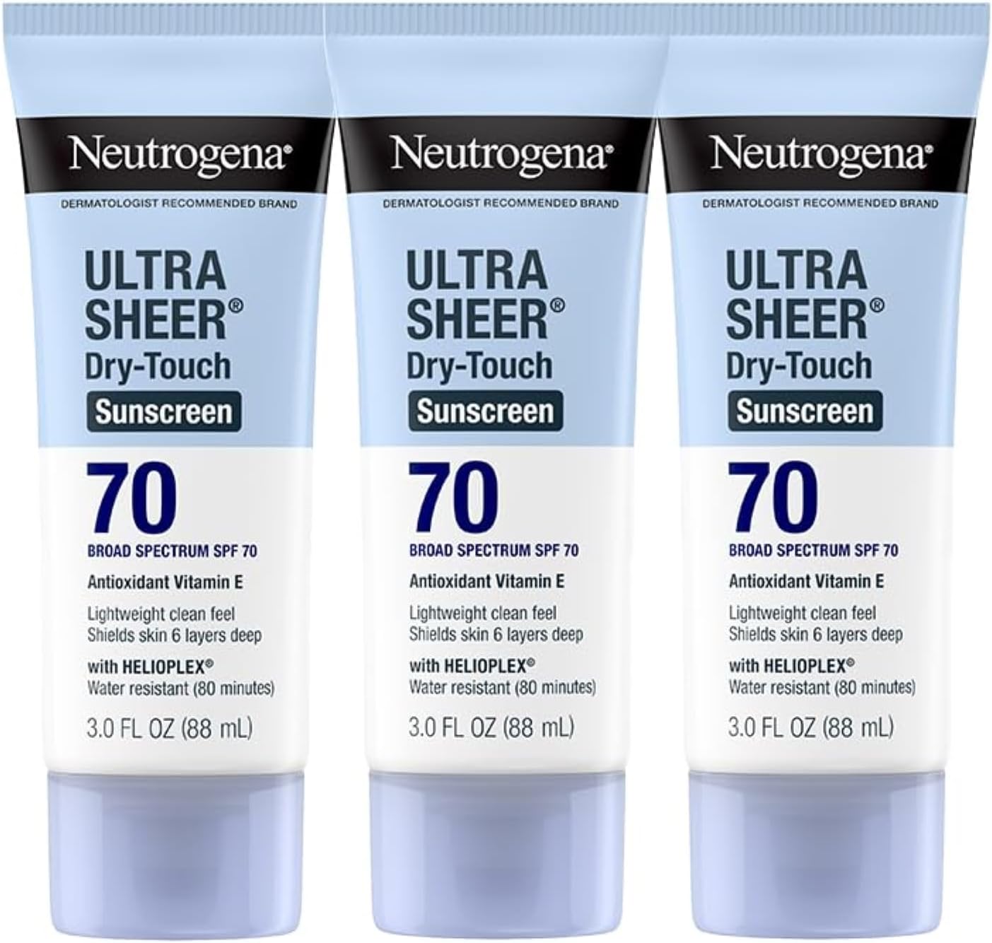 Neutrogena Ultra Sheer Dry-Touch Sunscreen Lotion, Broad Spectrum SPF 55 UVA/UVB Protection, Oxybenzone-Free, Light, Water Resistant, Non-Comedogenic & Non-Greasy, Travel Size, 3 fl. oz
