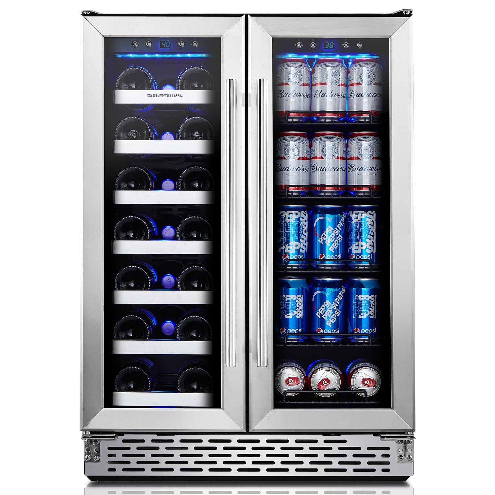 Phiestina Beverage Fridge, 24 Inch Wine and Beverage Refrigerator, Under Counter Wine Cooler- 20 Bottles & 76 Cans, Built-in/Freestanding Dual Zone with Glass Door