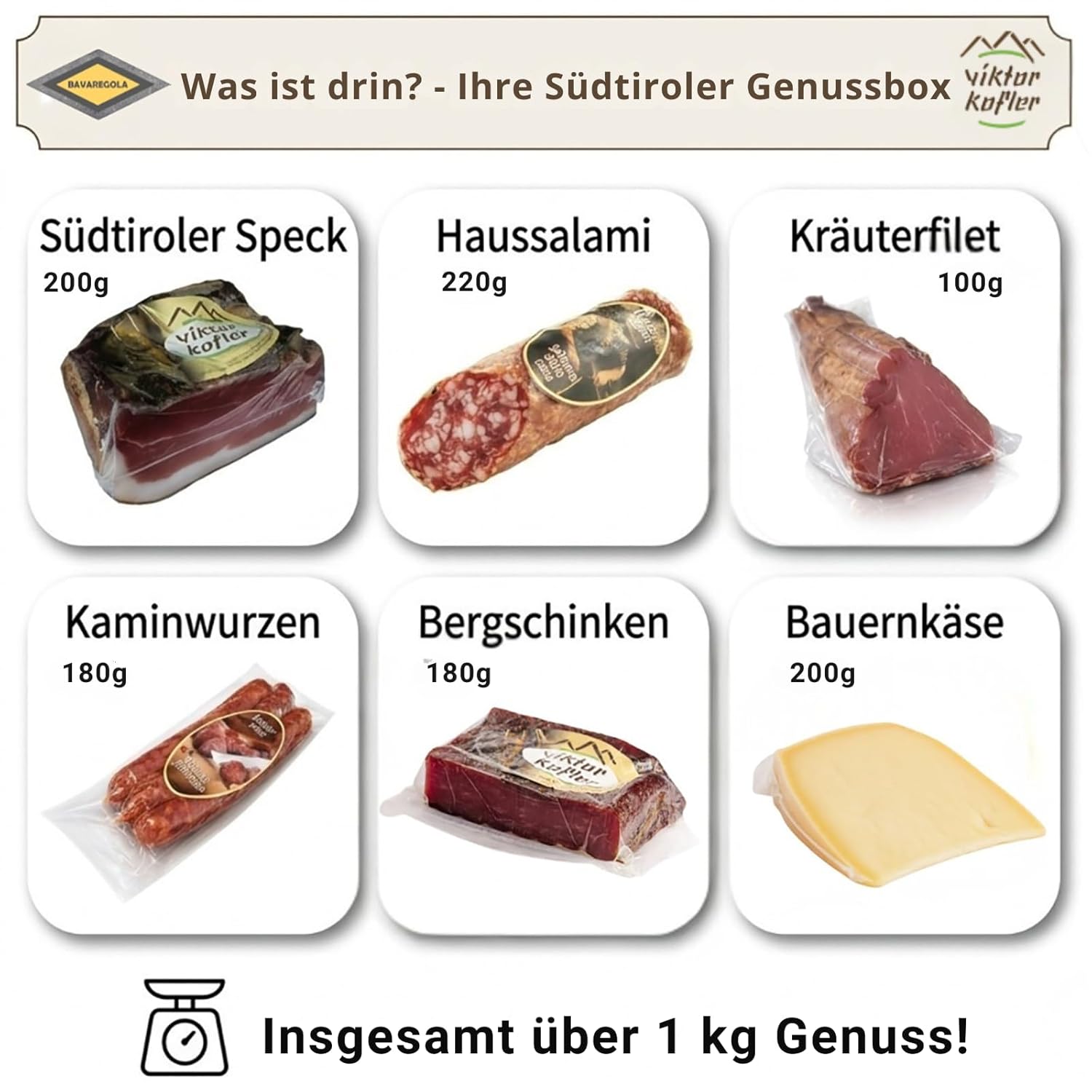 BAVAREGOLA Geschenkekiste mit Südtiroler Spezialitäten die "6er Marende" - Präsentkorb gefüllt mit Speck, Käse, Salami & Schinken von Viktor Kofler/Lana - Genuss Geschenk für Männer & Frauen